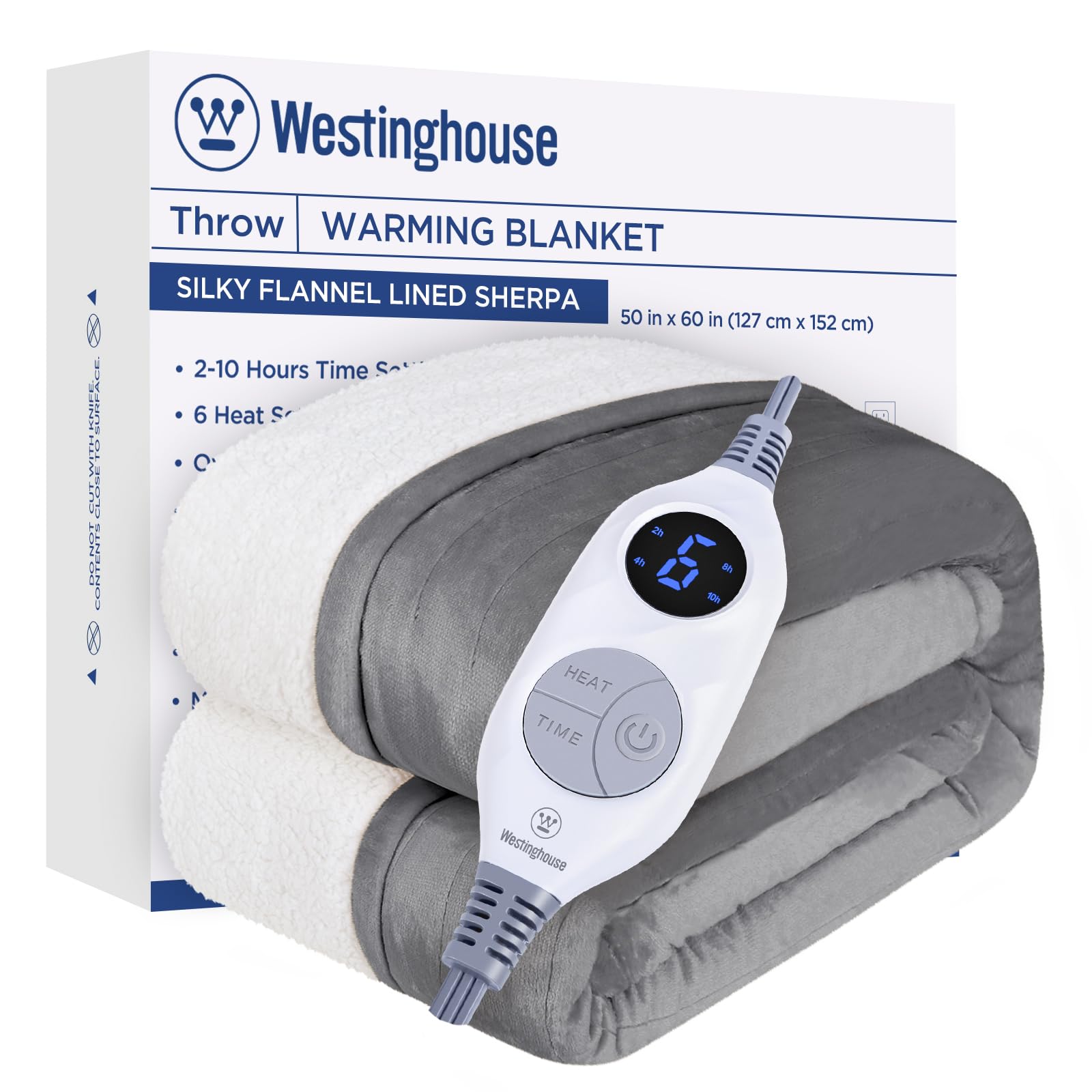 Westinghouse Heated Throw Blanket, Soft Flannel To Sherpa Electric Throw With 6 Heating Levels, 2-10 Hours Time Settings, Fast H
