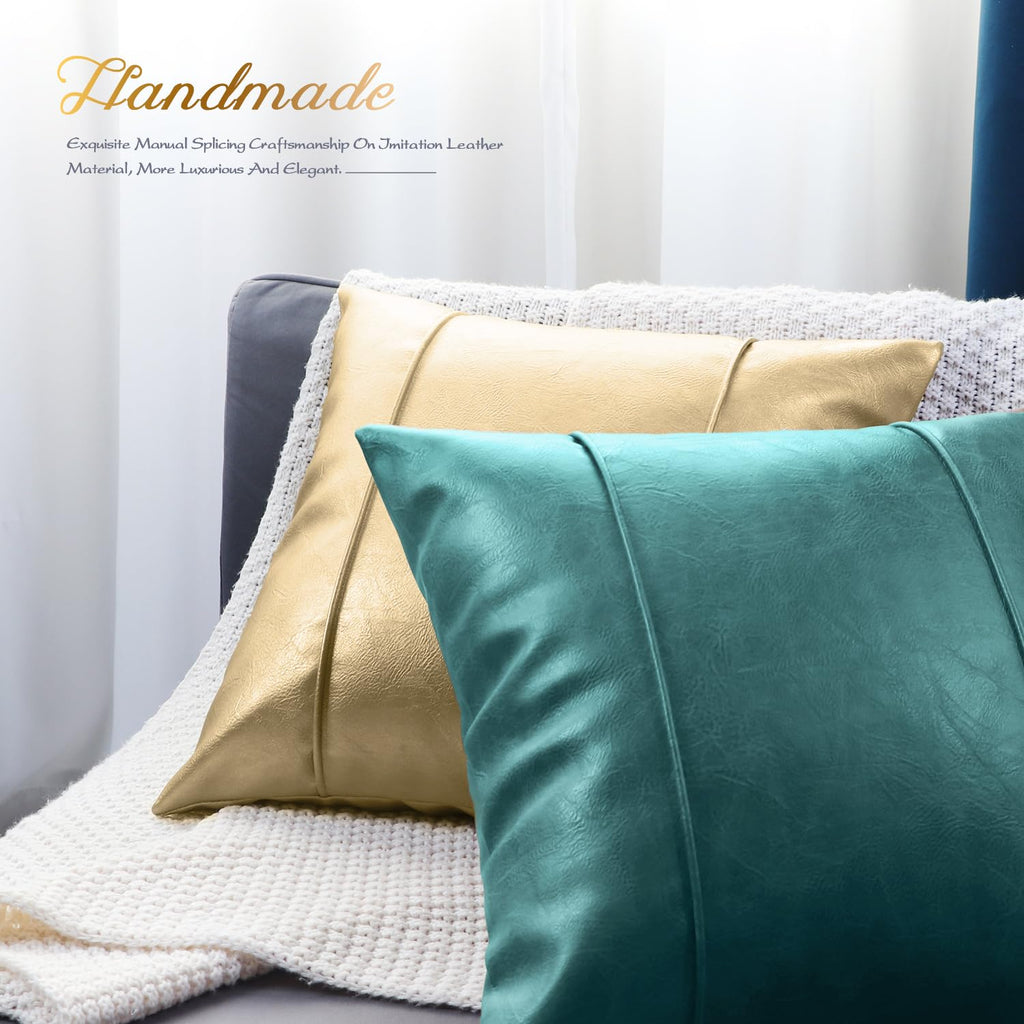 Brawarm Teal Leather Throw Pillow Covers 22 X 22 Inches - Faux Leather Pillow Cover With Piping, Hand Stitched Leather Throw Pil