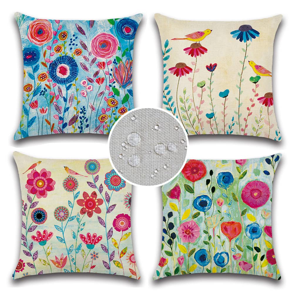 Jojogogo Spring Outdoor Pillow Covers 18X18 Waterproof Set Of 4 Flower Outdoor Throw Pillows For Patio Furniture Floral Decorati