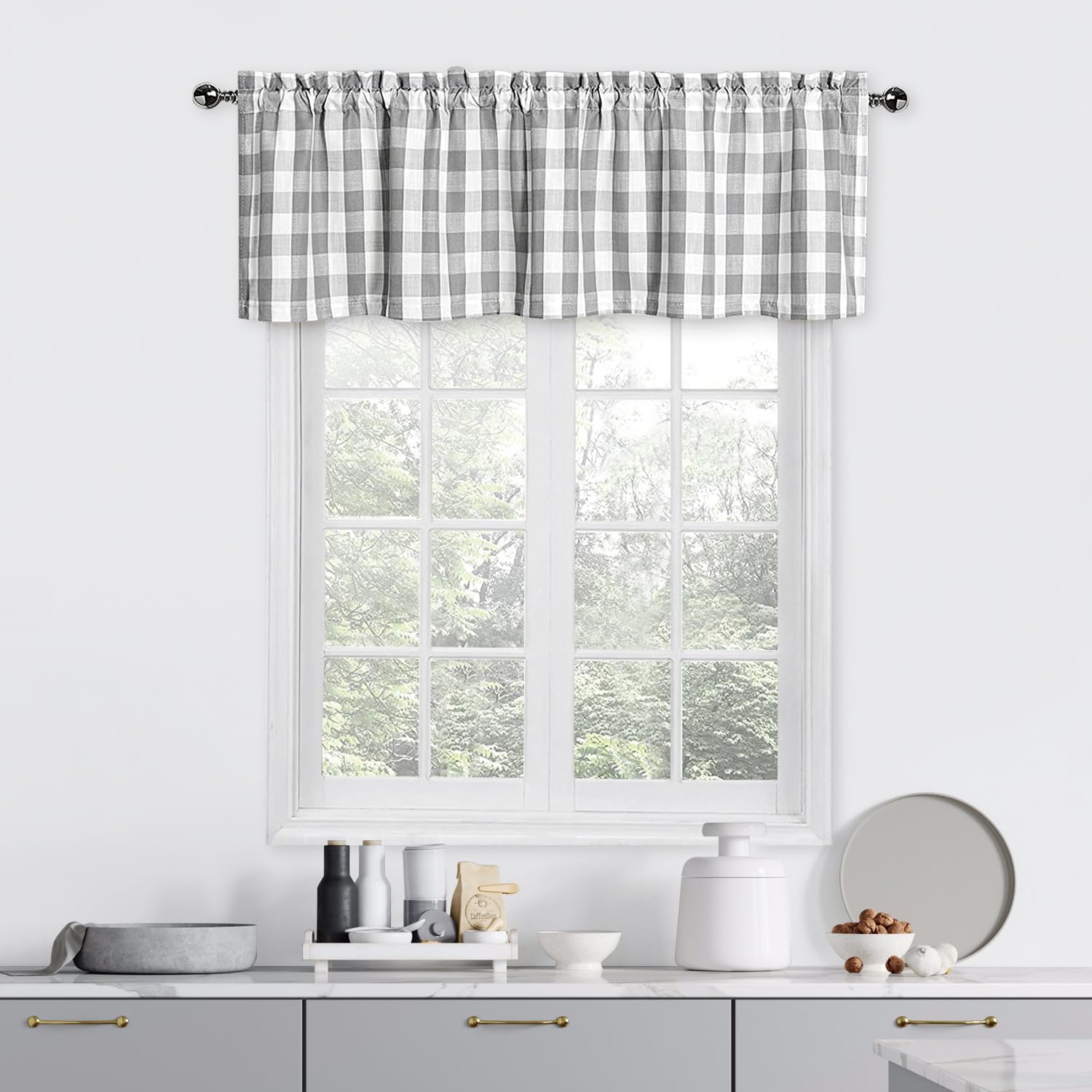 Bapawfish Grey Buffalo Plaid Valance for Kitchen, Buffalo Check Gingham Valance Curtains for Windows, Rod Pocket Retro Farmhouse