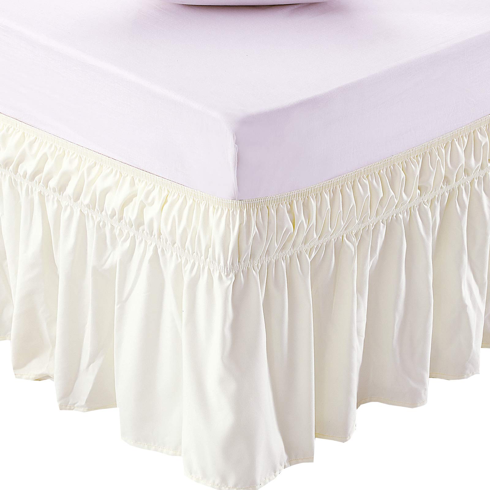 Meila Wrap Around Bed Skirt Three Fabric Sides Elastic Dust Ruffled 24 Inch Tailored Drop,Easy To Install Fade Resistant-Ivory,