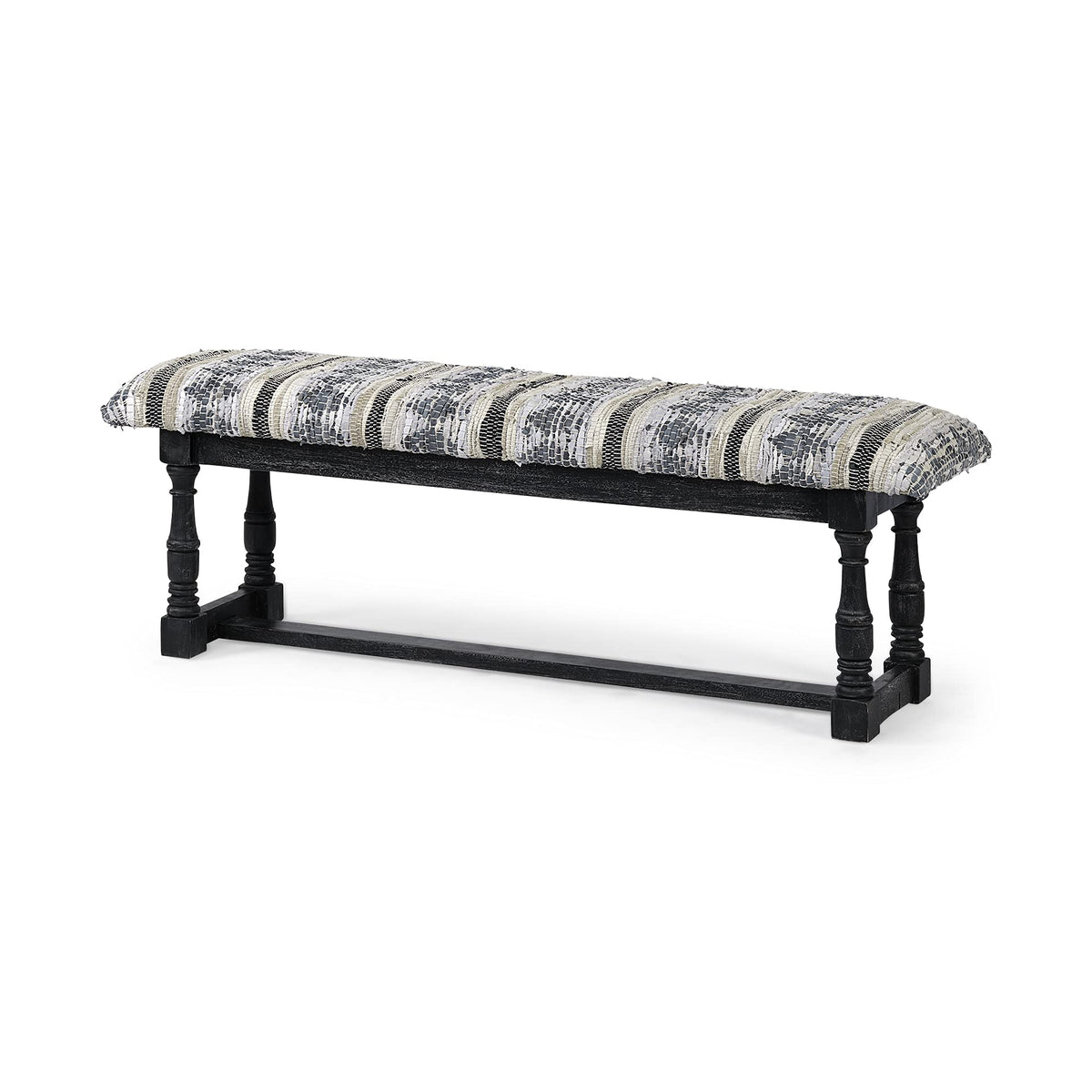 HomeRoots Rectangular Indian Mango Wood/Black W/Woven-Leather Cushion Top Accent Bench