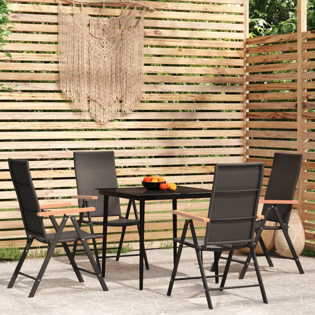 vidaXL 5-Piece Patio Dining Set in Black, Powder-Coated Steel Frame, PE Rattan Chairs with Adjustable Backrests, Outdoor Dining Furniture