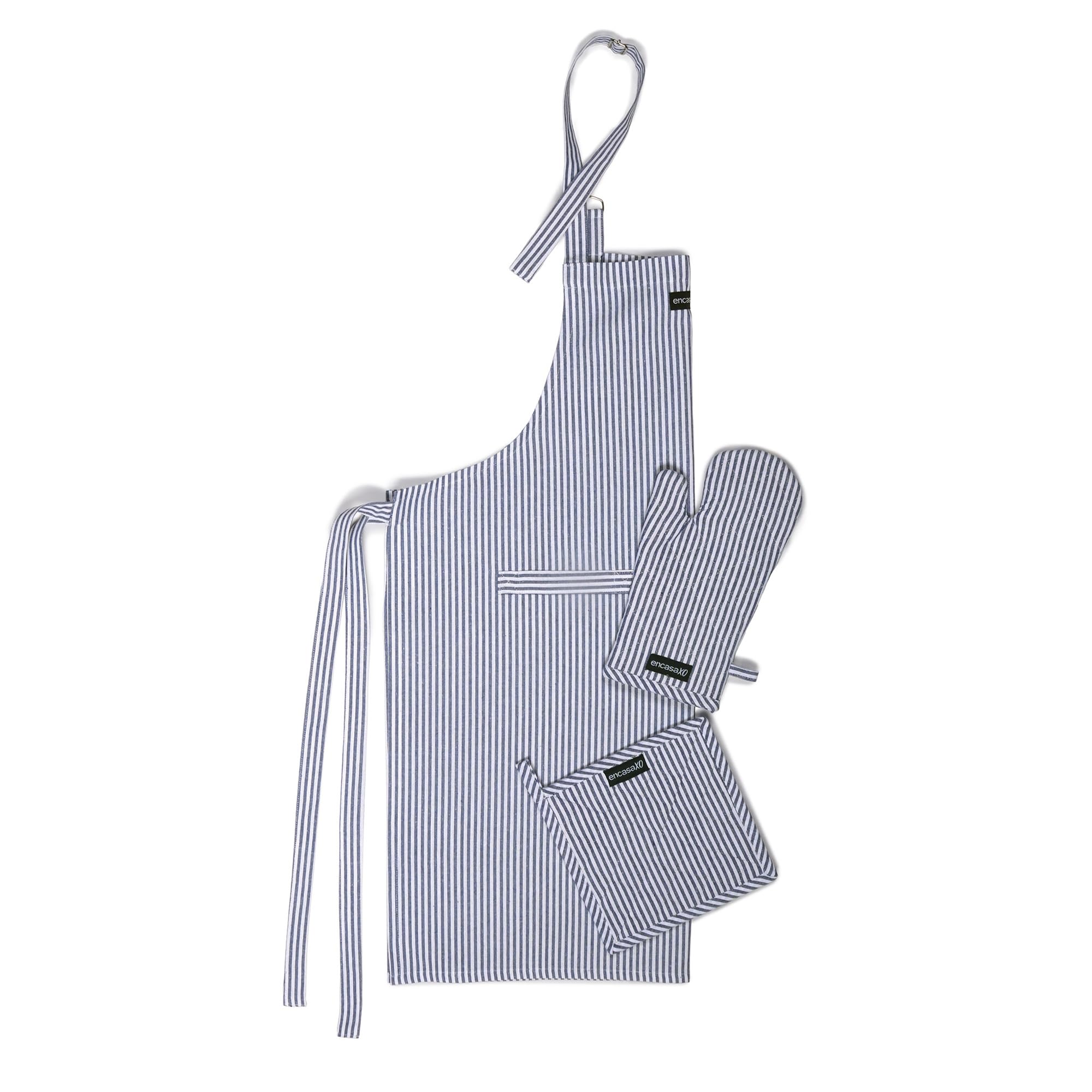 Encasa Xo Kitchen Apron With Oven Gloves & Potholder  Combo Set 100% Cotton  Heat Resistant | Ticking Navy Blue (3 Pcs Set)