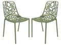 LeisureMod Aluminum Stackable Dining Chair Set of 2 with Floral Cutout Design, Khaki Green Patio Side Chair for Indoor and Outdo