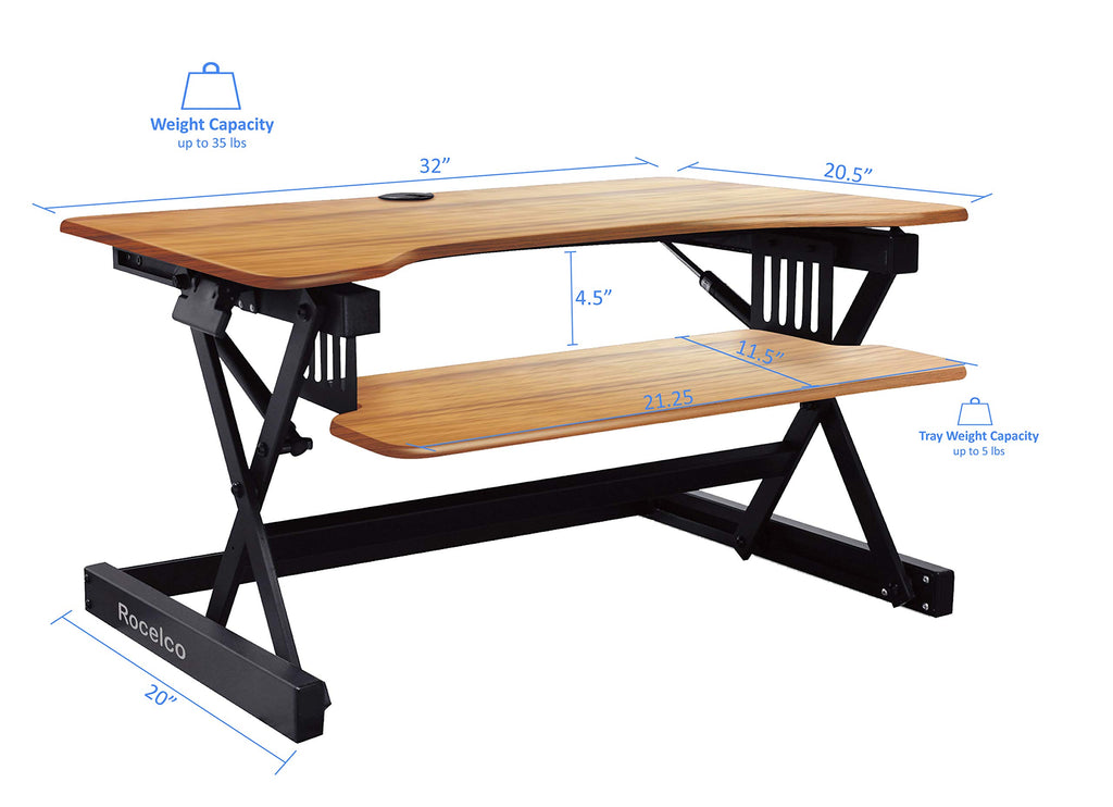 Rocelco 32" Height Adjustable Standing Desk Converter BUNDLE - Sit Stand Computer Workstation Riser with Anti Fatigue Mat - Dual Monitor Retractable Keyboard Tray - Teak Wood Grain (R EADRT-MAFM)