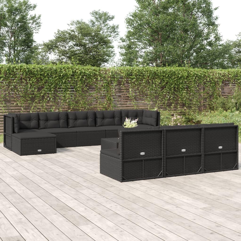 vidaXL Patio Furniture Set 10 Piece Black Poly Rattan - Modular Lounge Set with Cushions for Garden, Deck, Outdoor, Adjustable Seating
