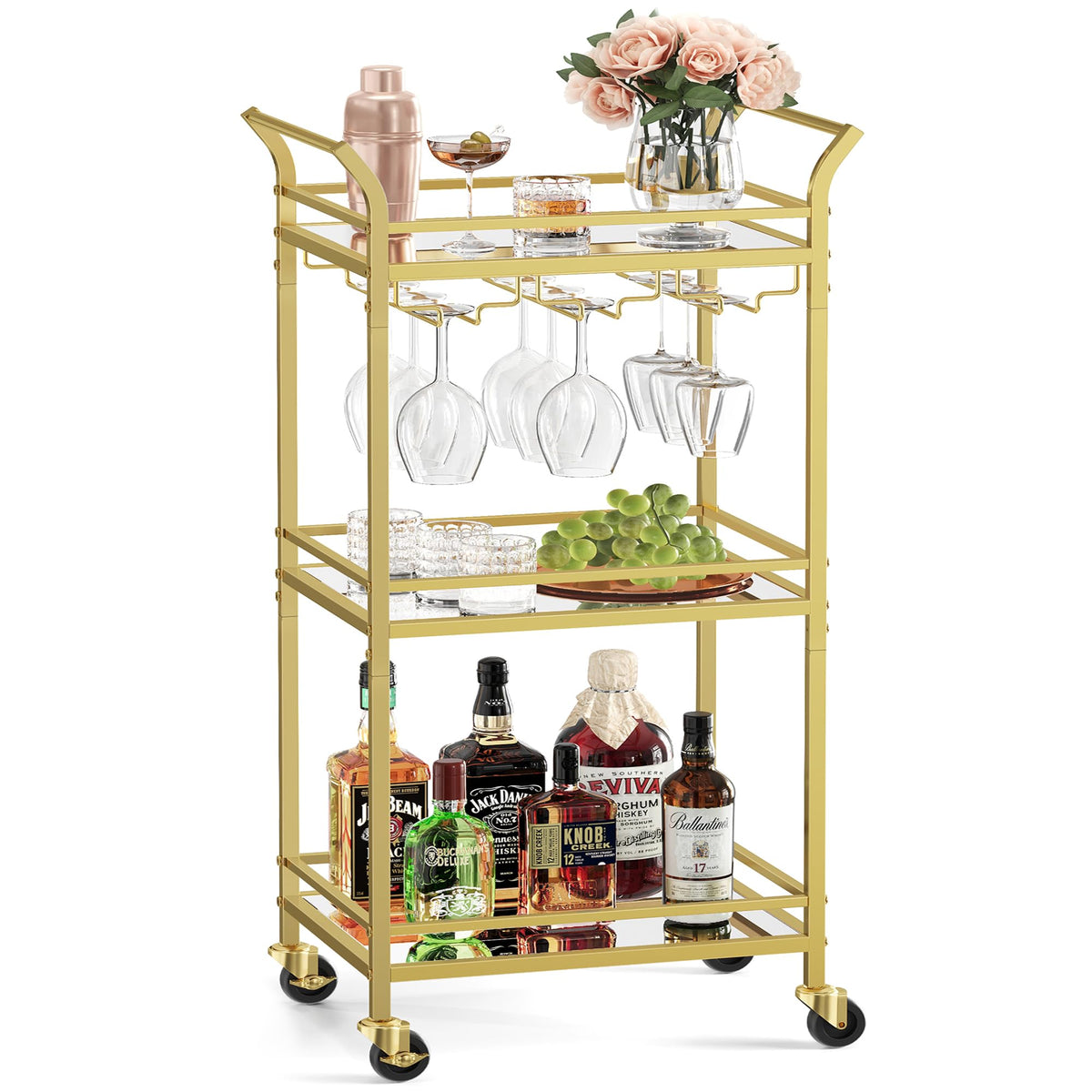 VASAGLE Bar Cart, Home Bar Serving Cart, Small Bar Cart with 3-Tier Shelf, Wine Holders, Glass Holders, Mini Bar Cart for Small 