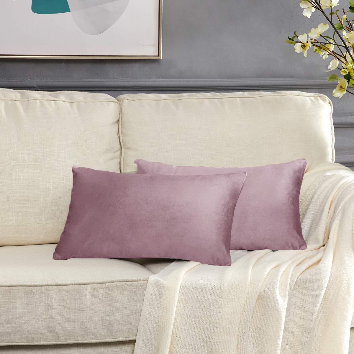 Gigizaza Decorative Small Lumbar Pillow Covers,Set Of 2 Cushion Covers Velvet Sweet Lilac Pillows,Sofa Throw 12X20 Pillow Covers
