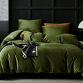 Warmdern Olive Green Velvet Duvet Cover Queen Size Flannel Duvet Cover Bedding Sets, 3Pcs Ultra Soft Luxury Textured Modern Crys