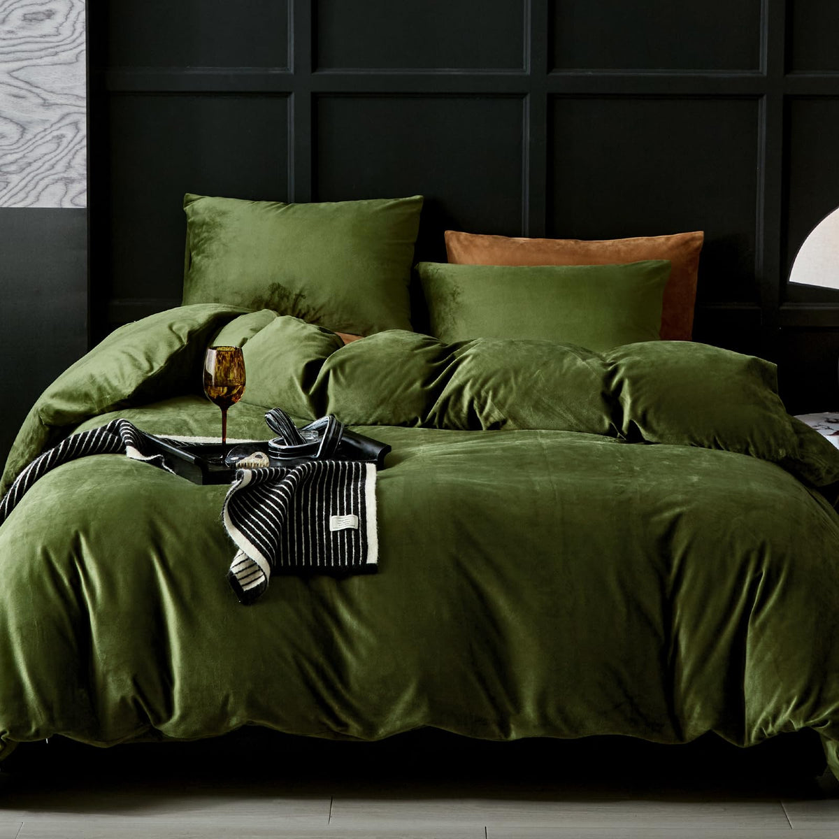 Warmdern Olive Green Velvet Duvet Cover Queen Size Flannel Duvet Cover Bedding Sets, 3Pcs Ultra Soft Luxury Textured Modern Crys