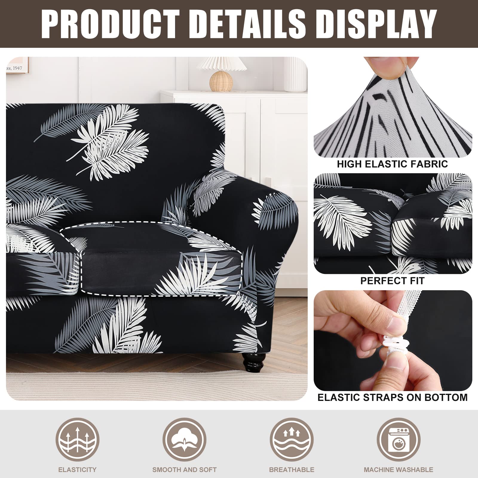 Searchi Stretch Sofa Cover Printed Couch Cover, Floral Pattern 4 Pieces Sofa Slipcover With 3 Separate Cushion Cover, Washable Furniture Protector For Living Room(Sofa, Black+Palm Leaves)