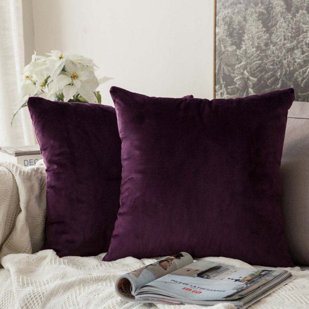 Miulee Pack Of 2 Velvet Pillow Covers Decorative Square Pillowcase Soft Solid Eggplant Purple Cushion Case For Sofa Bedroom Car