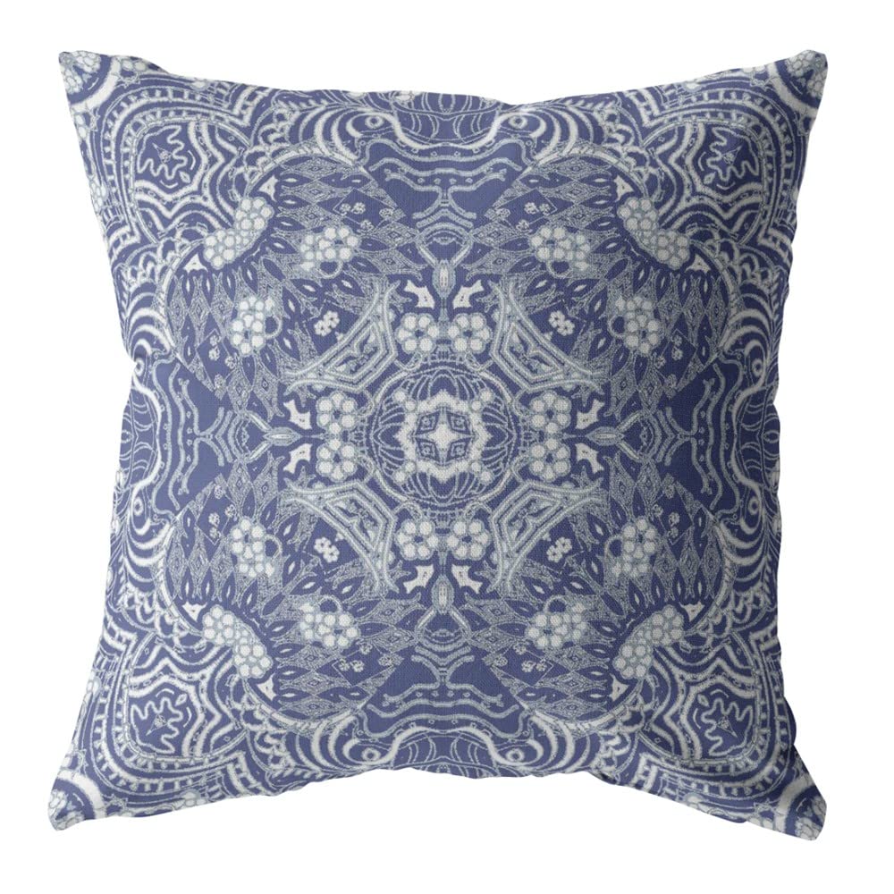 HomeRoots Indigo On White Broadcloth 16â€ Indigo White Boho Ornate Indoor Outdoor Throw Pillow