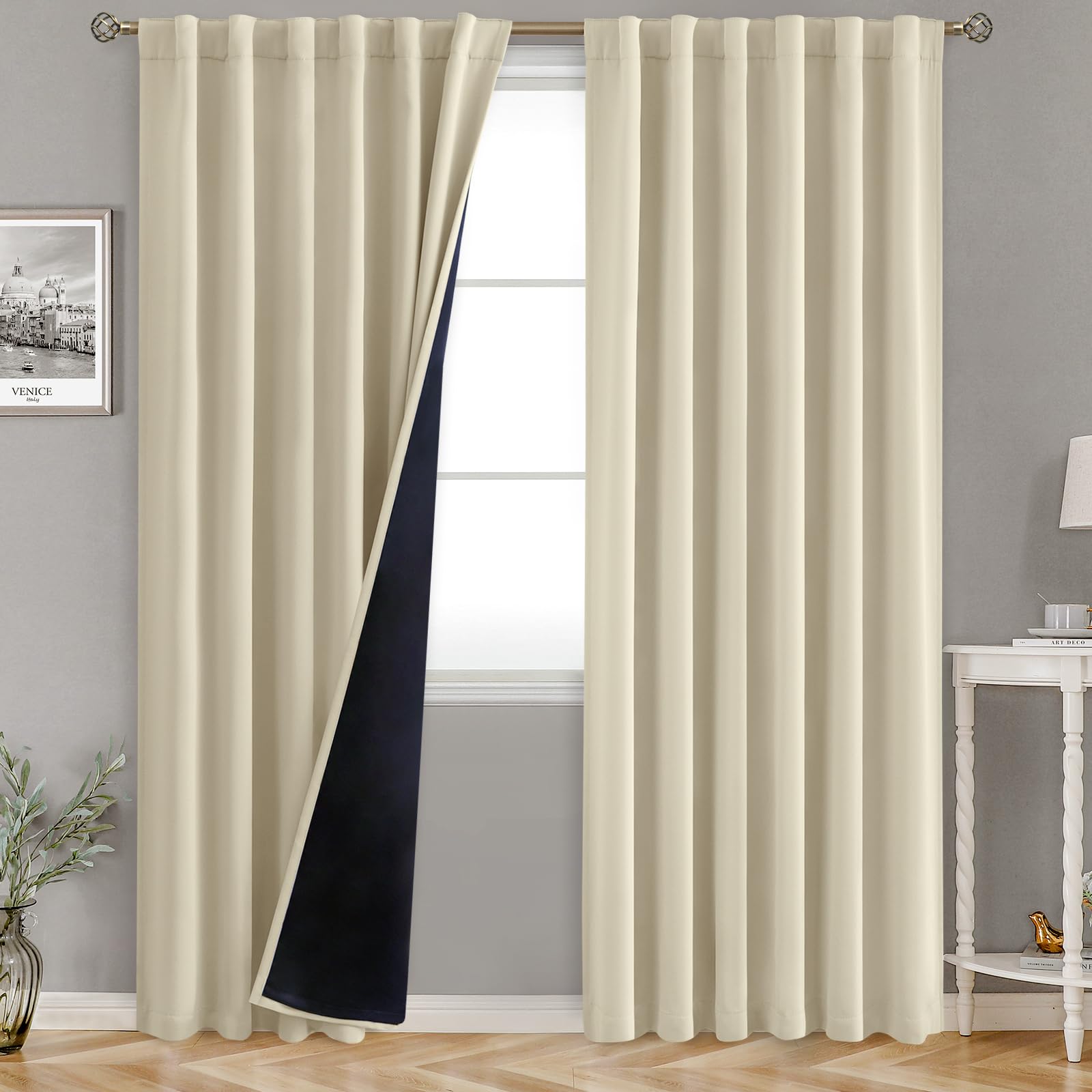 Bgment Beige Full Blackout Curtains With Thermal Insulation Liner Curtains 90 Inches Long, Rod Pocket And Back Tab Double Layer