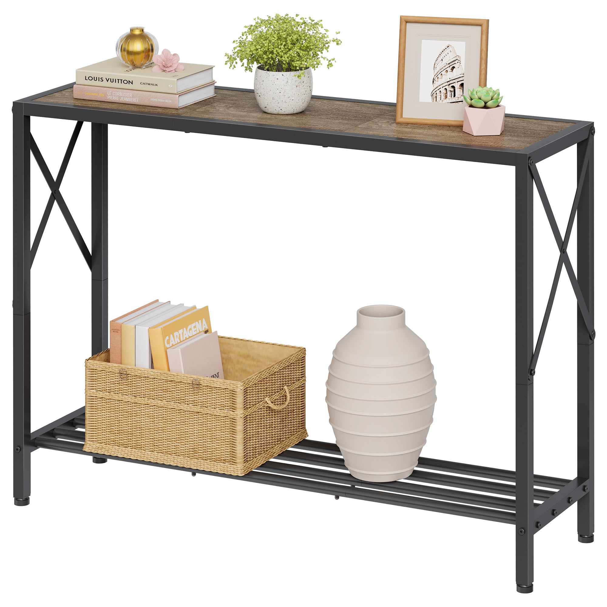 Tajsoon Console Table, 2-Tier Industrial Entryway Table, 41.8”L Narrow Sofa Table With Shelves, Entrance Table For Entryway, Hallway, Living Room, Foyer, Corridor, Office, Grey & Black