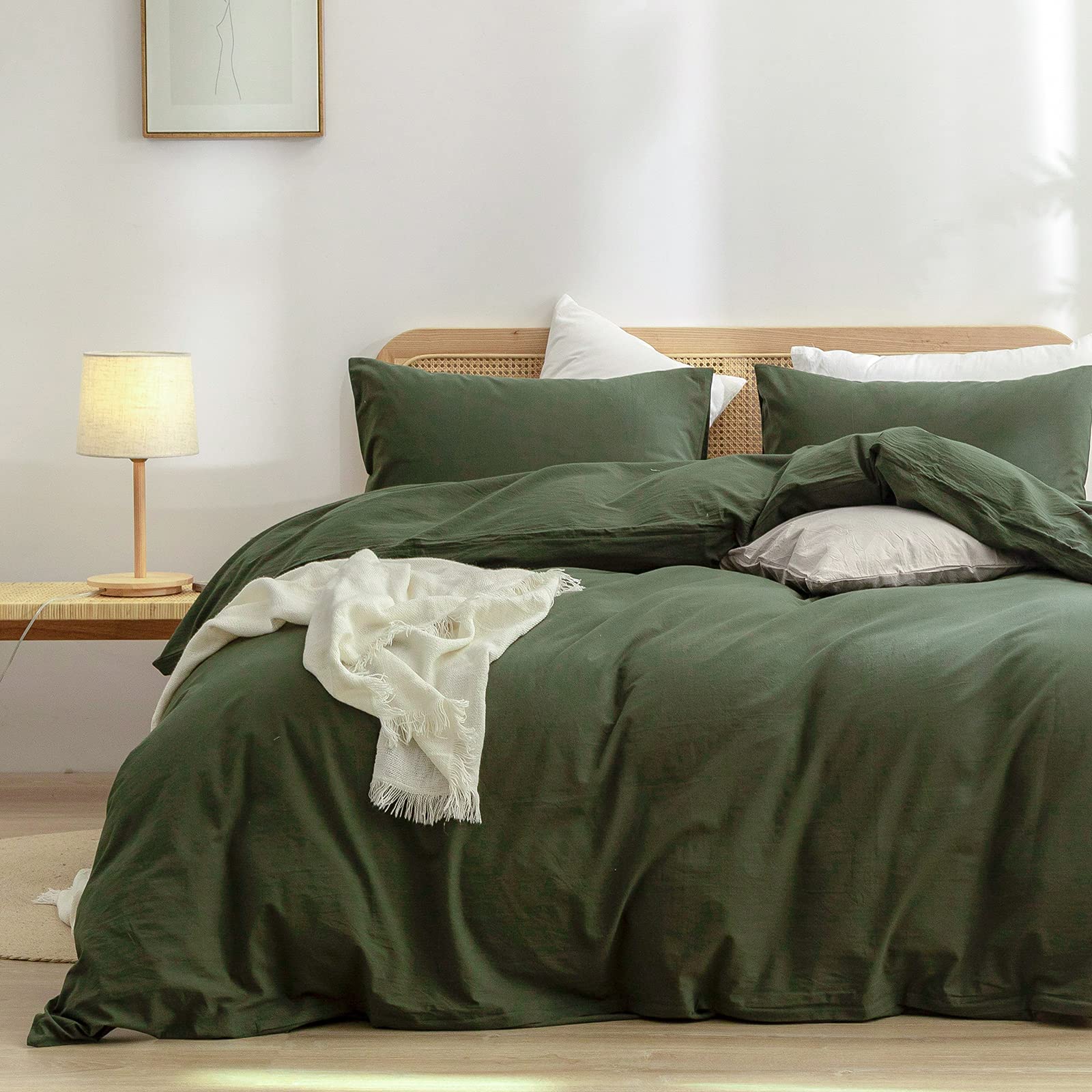 Bestouch Duvet Cover Set 100% Washed Cotton Linen Feel Super Soft Comfortable Chic Lightweight 3 Pcs Home Bedding Set Solid Oliv