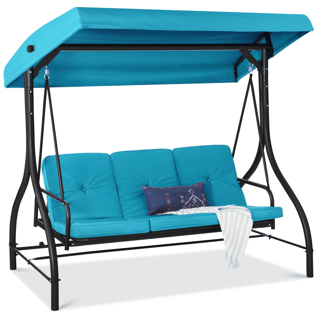 Best Choice Products 3-Seat Outdoor Large Converting Canopy Swing Glider, Patio Hammock Lounge Chair For Porch, Backyard W/Flatbed, Adjustable Shade, Removable Cushions - Sky Blue