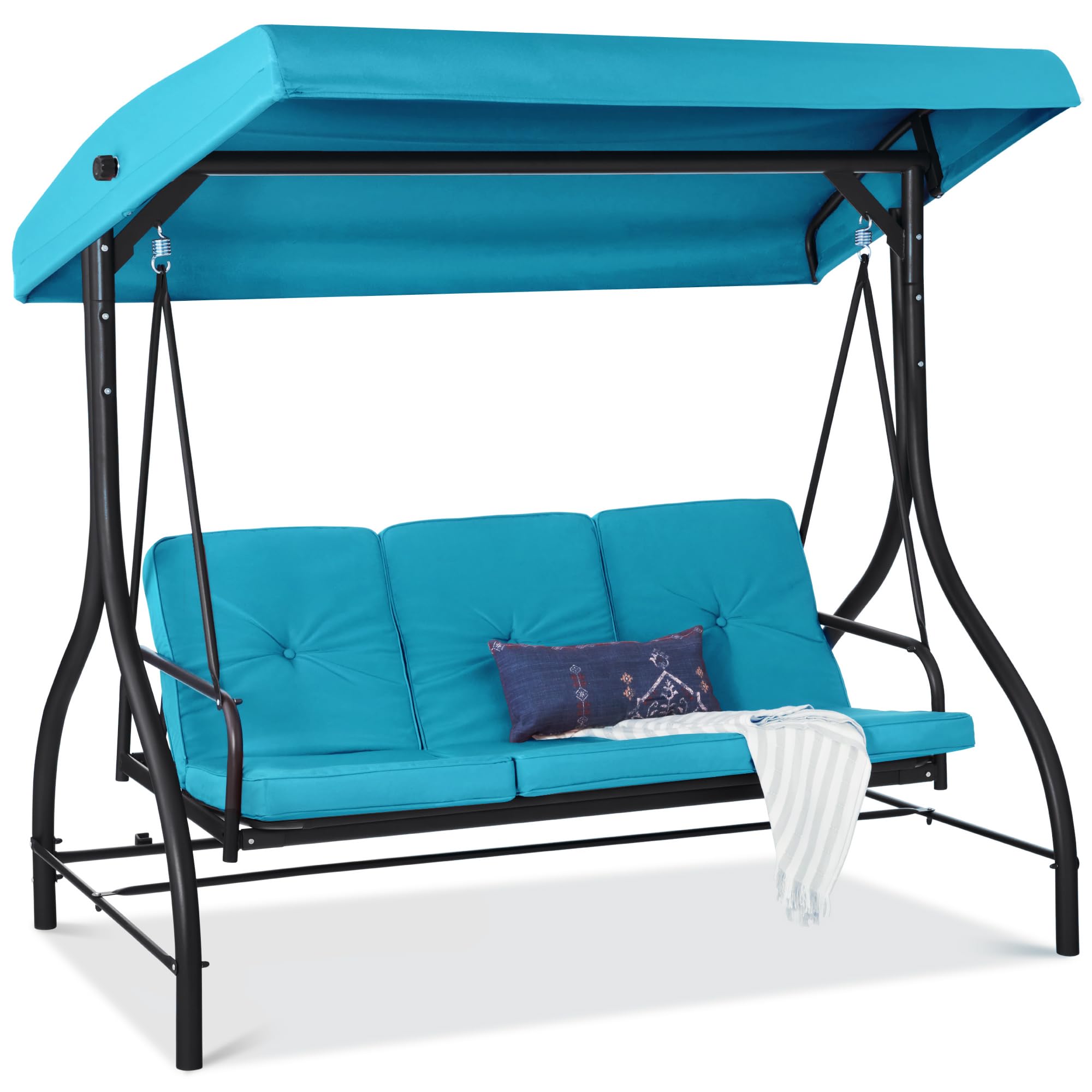 Best Choice Products 3-Seat Outdoor Large Converting Canopy Swing Glider, Patio Hammock Lounge Chair For Porch, Backyard W/Flatbed, Adjustable Shade, Removable Cushions - Sky Blue