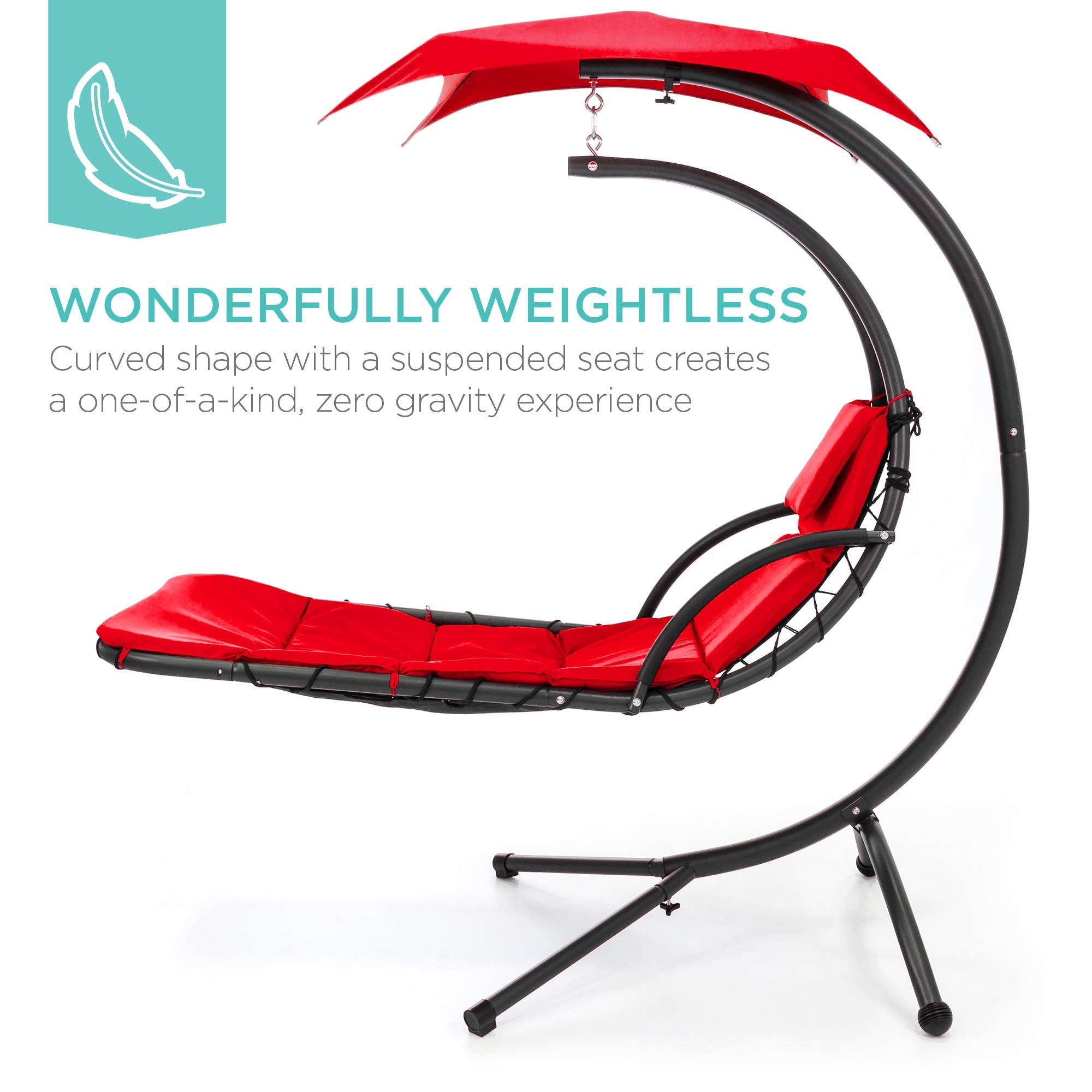 Best Choice Products Outdoor Hanging Curved Steel Chaise Lounge Chair Swing W/Built-In Pillow And Removable Canopy -Red