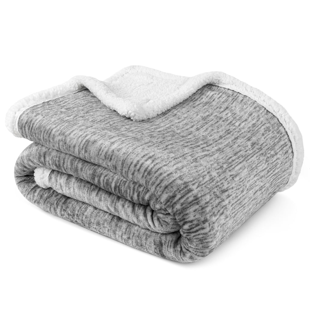 Pavilia Melange Light Gray Sherpa Blanket Throw Couch, Warm Soft Cozy Reversible Blanket Sofa Bed, Thick Plush Large Fleece Car