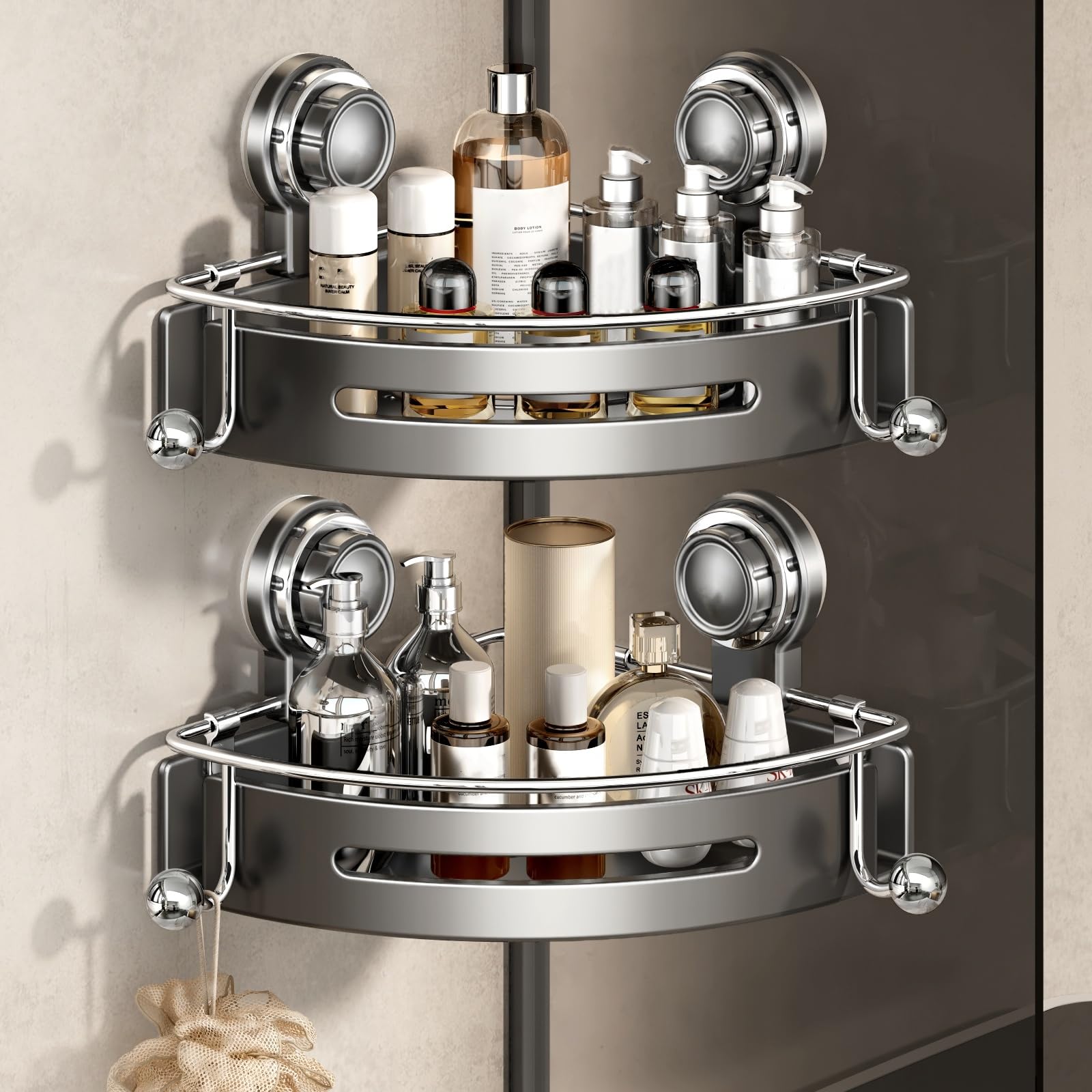 VOLPONE Corner Shower Caddy Suction Cup Shower Shelf Corner No Drilling Bathroom Shower Organizer Storage Rack Adhesive (2-Pack,