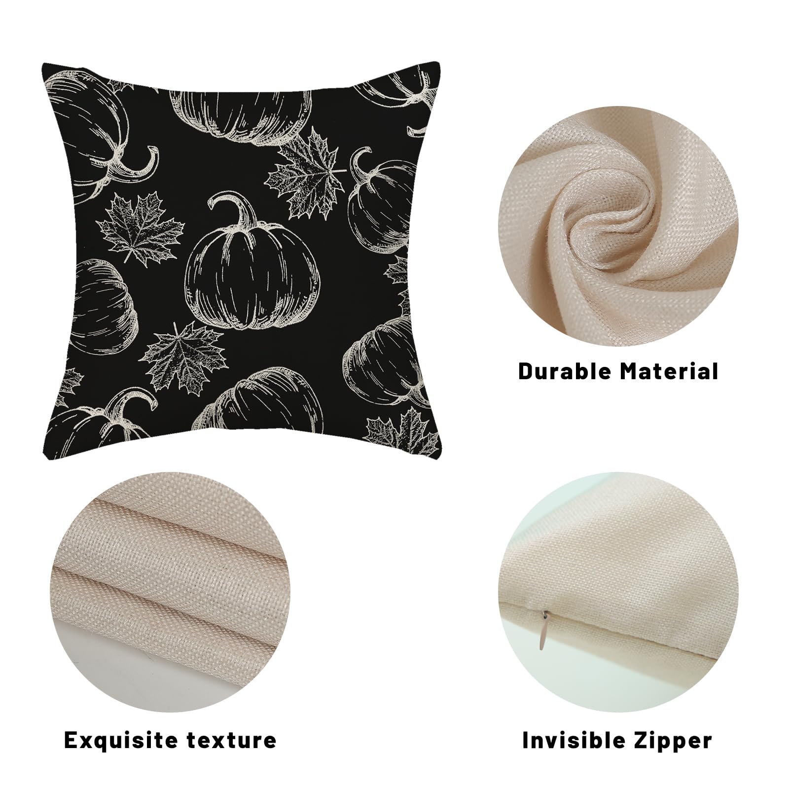 Fall Pillow Covers 18X18 Black Cream Pumpkin Decor Throw Pillows Case For Couch Maple Leaves Autumn Harvest Thanksgiving Farmhou
