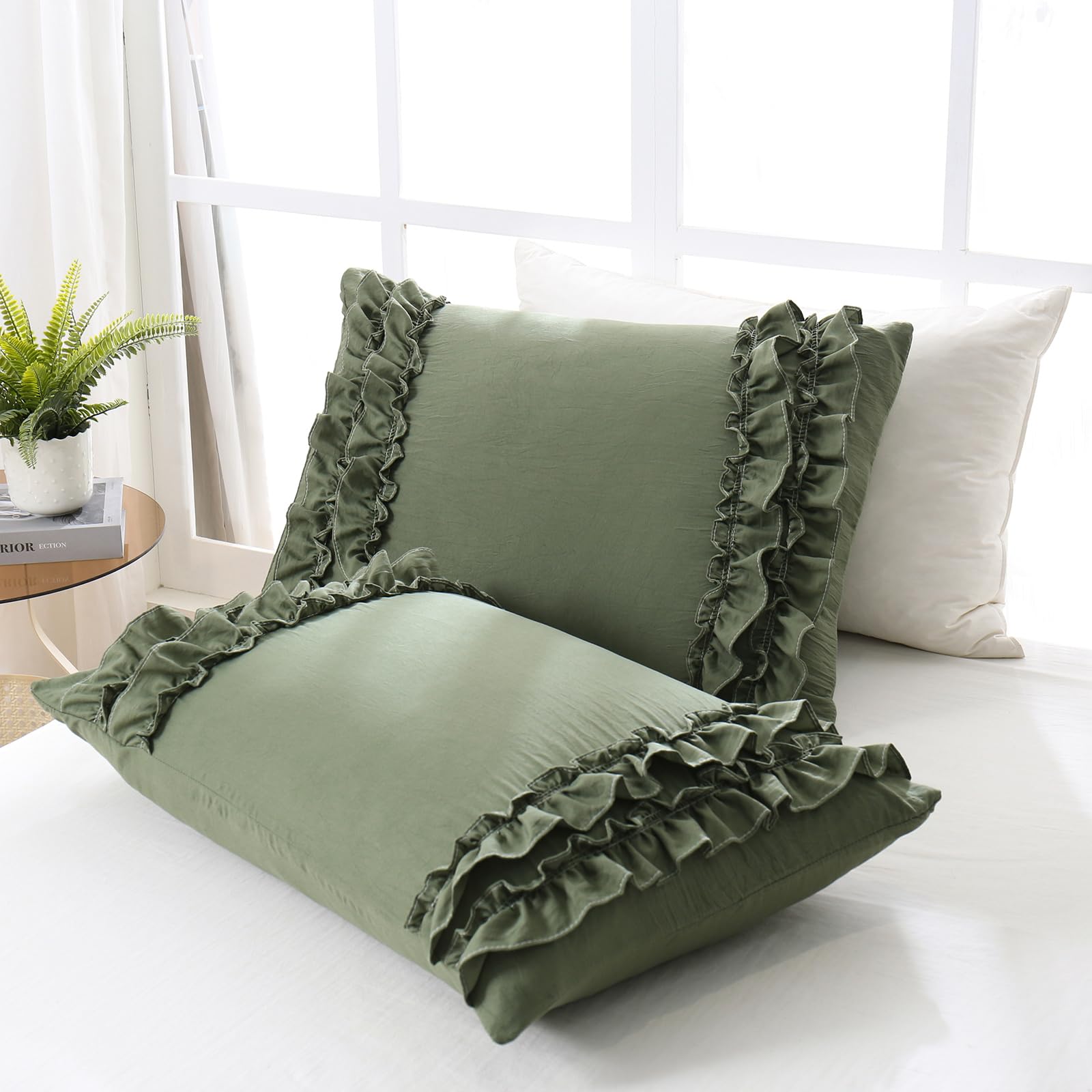 Herside Olive Green Queen Size Pillow Cases Set Of 2,20'X30' Green Ruffle Pillow Shams Standard Size,French Country Vintage Sh
