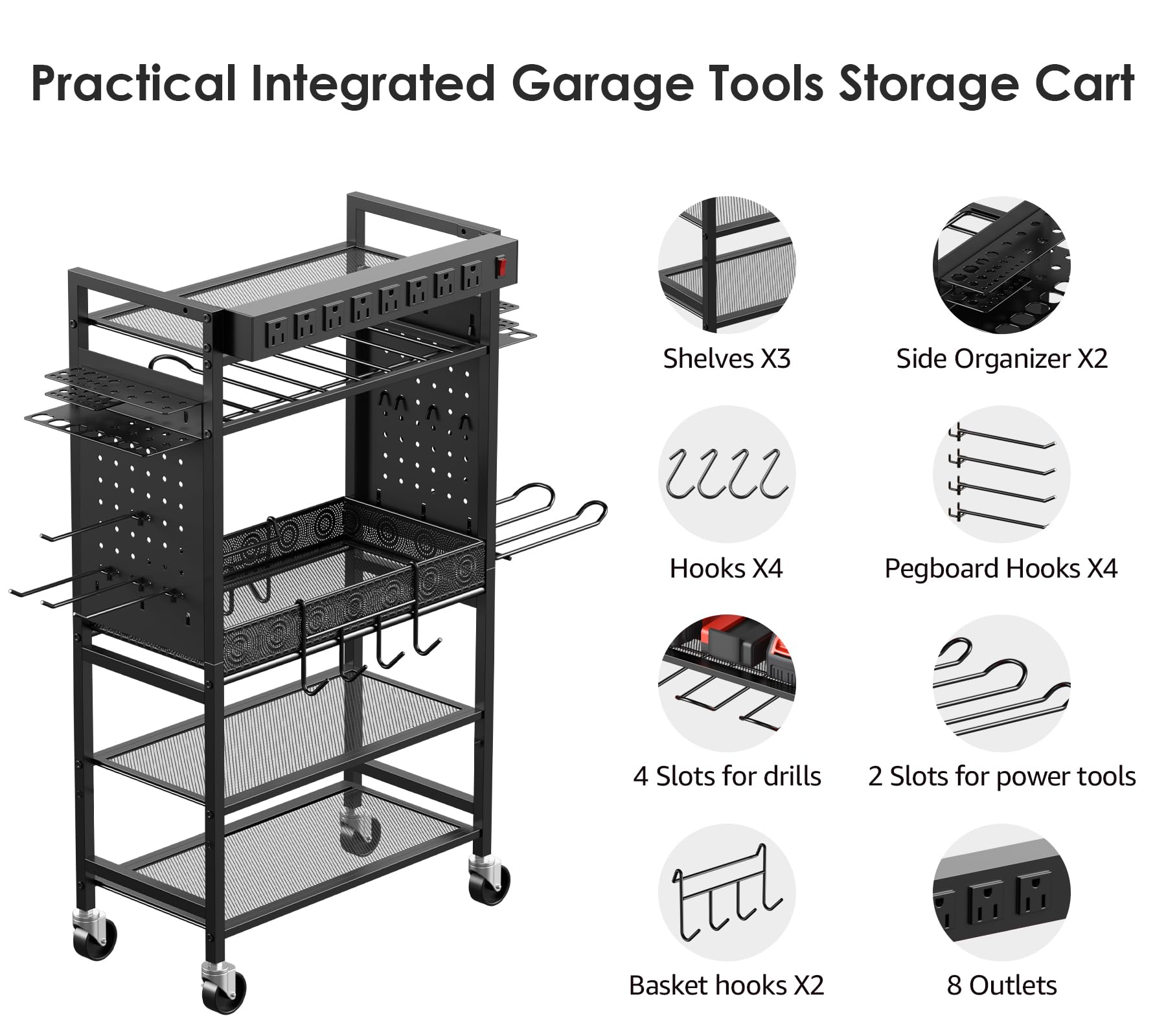 CECCEI Power Tool Organizer Cart with Charging Station, Rolling Garage Storage, Black Metal