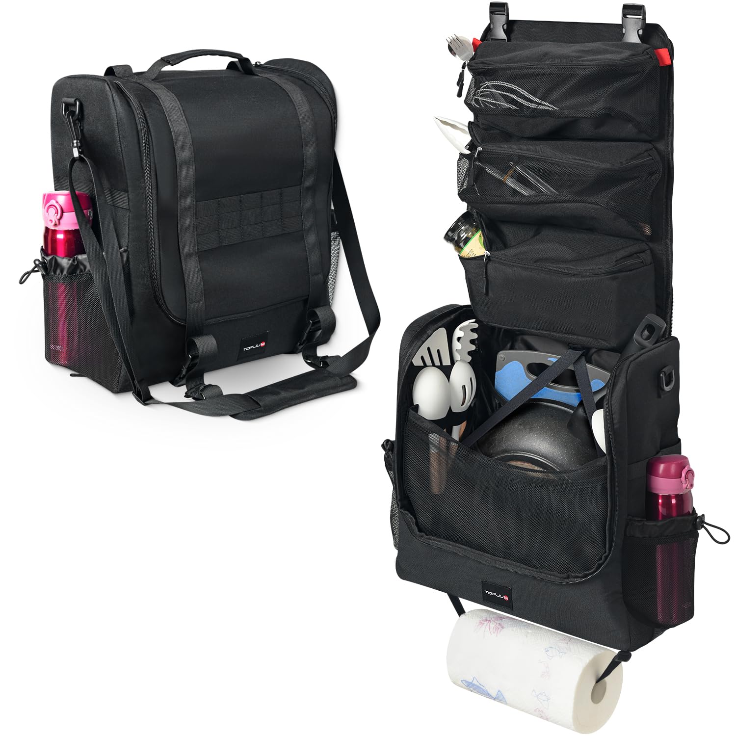 Topjum Camp Kitchen Organizer, Cooking Tools Storage Caddy Bag, Multi-Pockets, Paper Towel Holder, Portable Hanging Kitchen Cadd