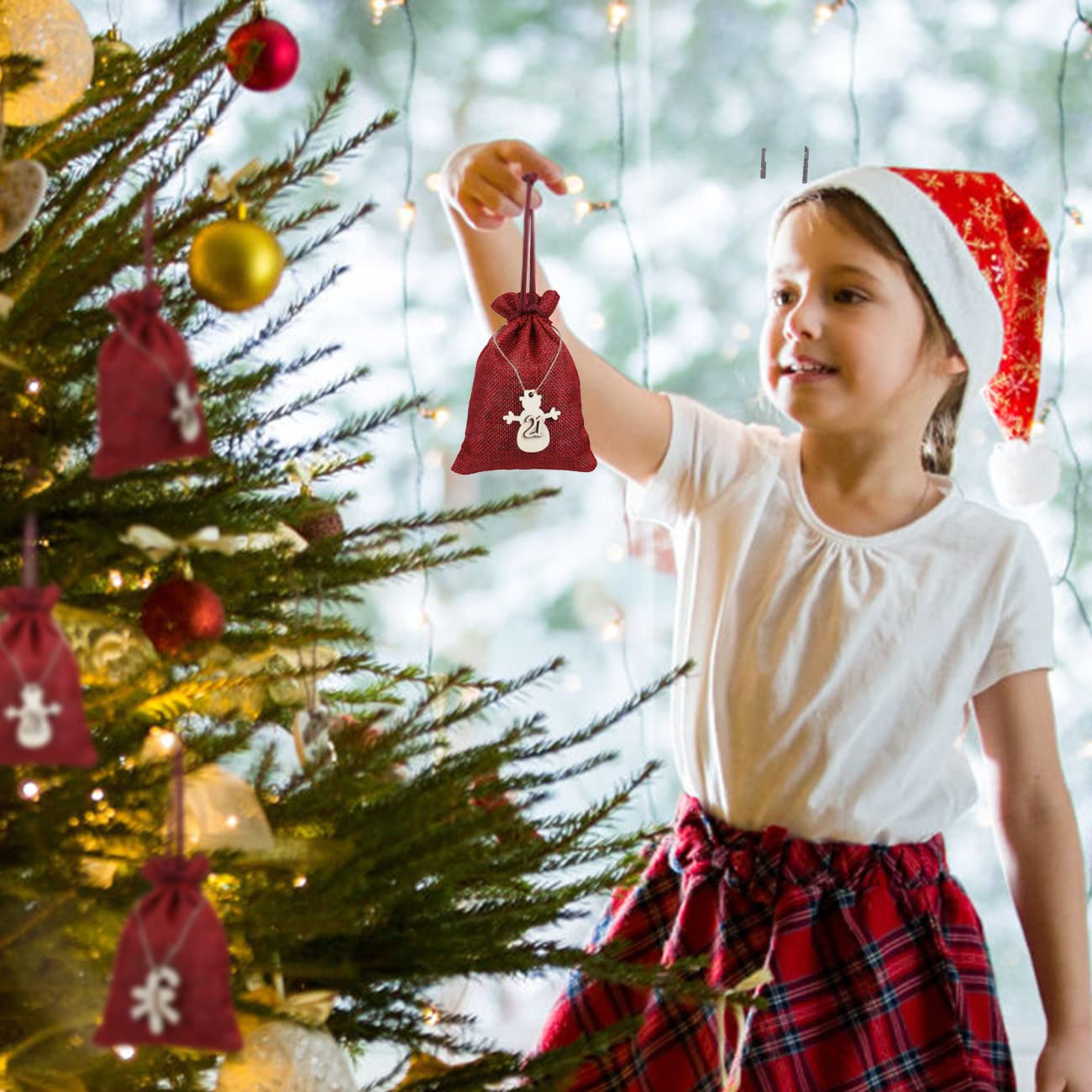 Naler Christmas Advent Calendar 2024, 24 Pieces Christmas Drawstring Gift Bags Burlap Hanging Countdown Calendar Bags With Woode