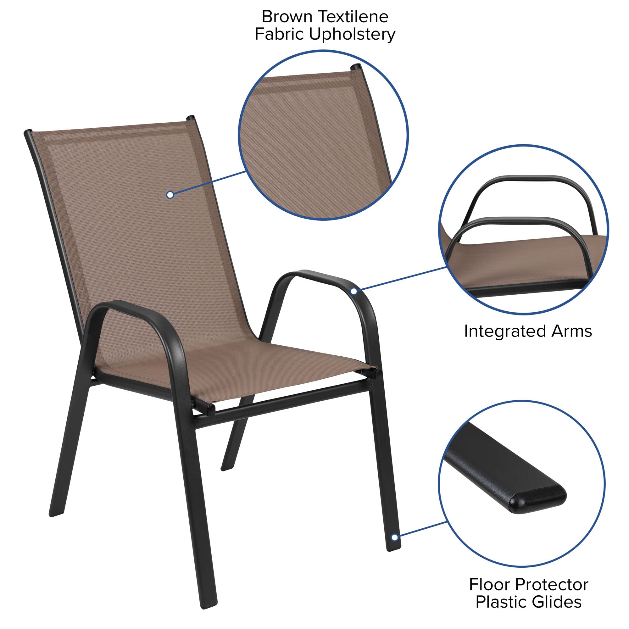 Flash Furniture Brazos Series 7-Piece Glass Patio Table And Chairs Set, Outdoor Patio Dining Set With Rectangular Table, 6 Sling Patio Chairs, Brown