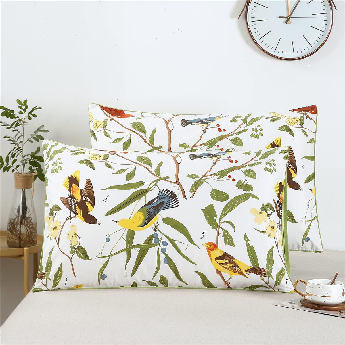 WINLIFE 100% Cotton Pillowcases Standard 2 Pillow Cases Decorative Farmhouse Green Leaves Birds Printed Pillow Cover Set of 2 (S