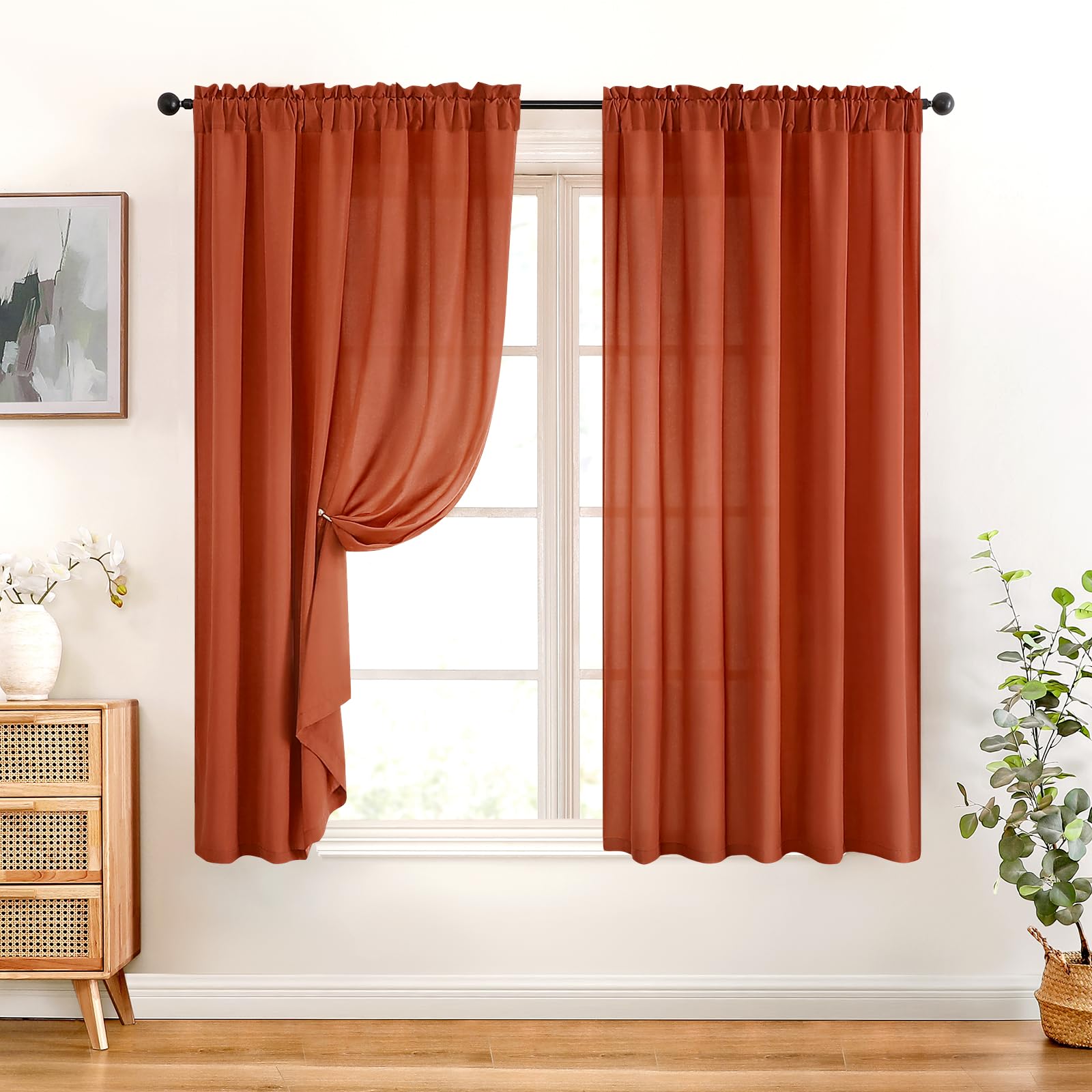 Homeideas Non-See-Through Burnt Orange Privacy Sheer Curtains 52 X 54 Inches Long 2 Panels Sheer Curtains Light Filtering Window Curtains Drapes For Bedroom Living Room