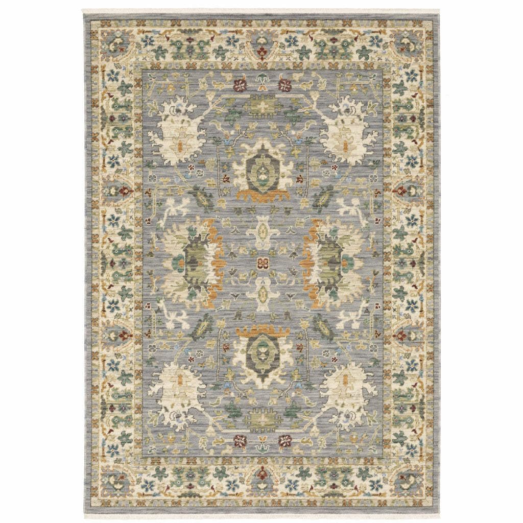 HomeRoots 509295 10 x 13 ft. Gray Ivory Orange Teal Green Charcoal Blue & Red Oriental Power Loom Stain Resistant Rectangle Area Rug with Fringe