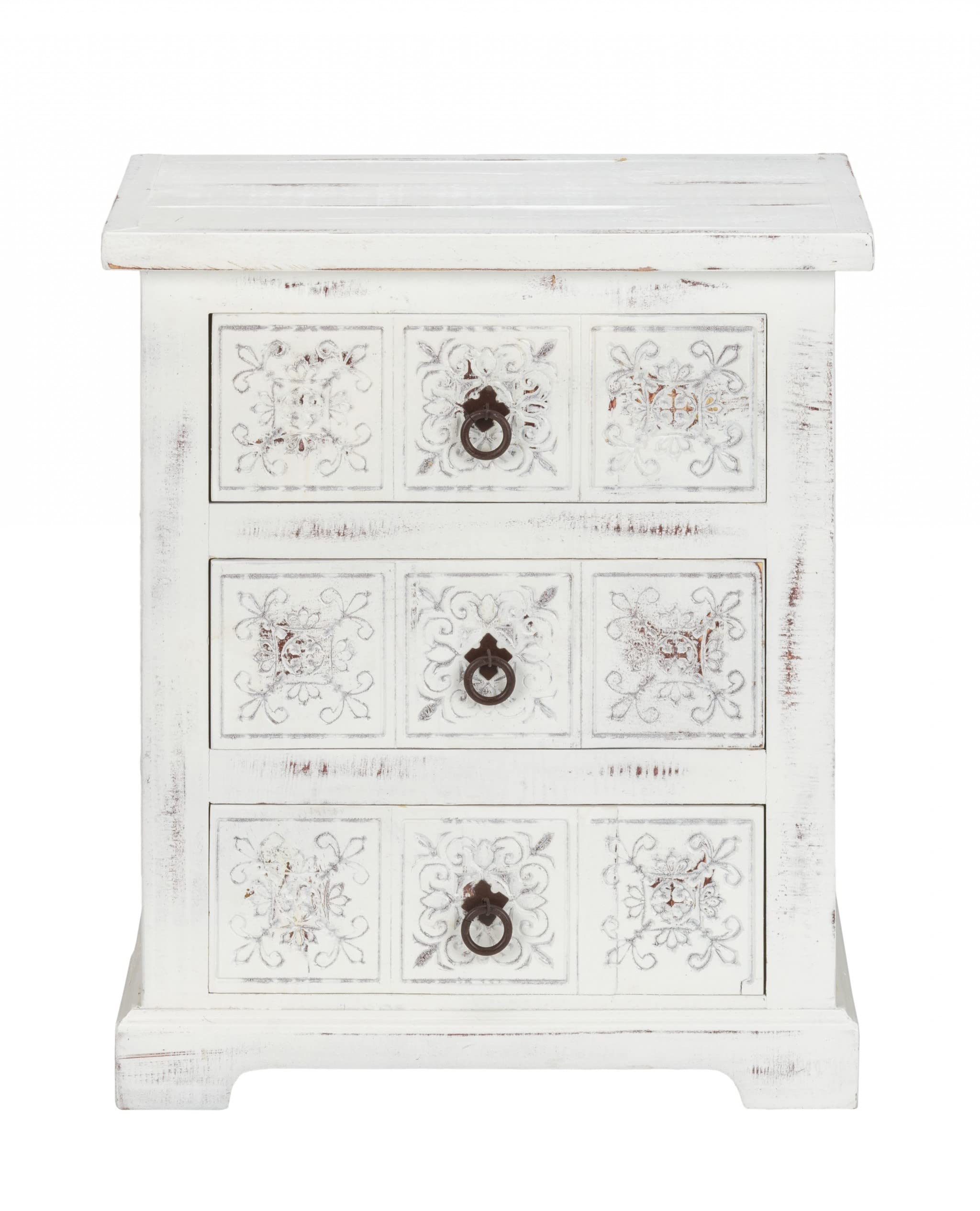 Homeroots Distressed White Wooden Carved 3 Drawer Cabinet