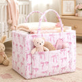 Yookeer Pink Bow Storage Basket Quilted Basket with Handle for Nursery