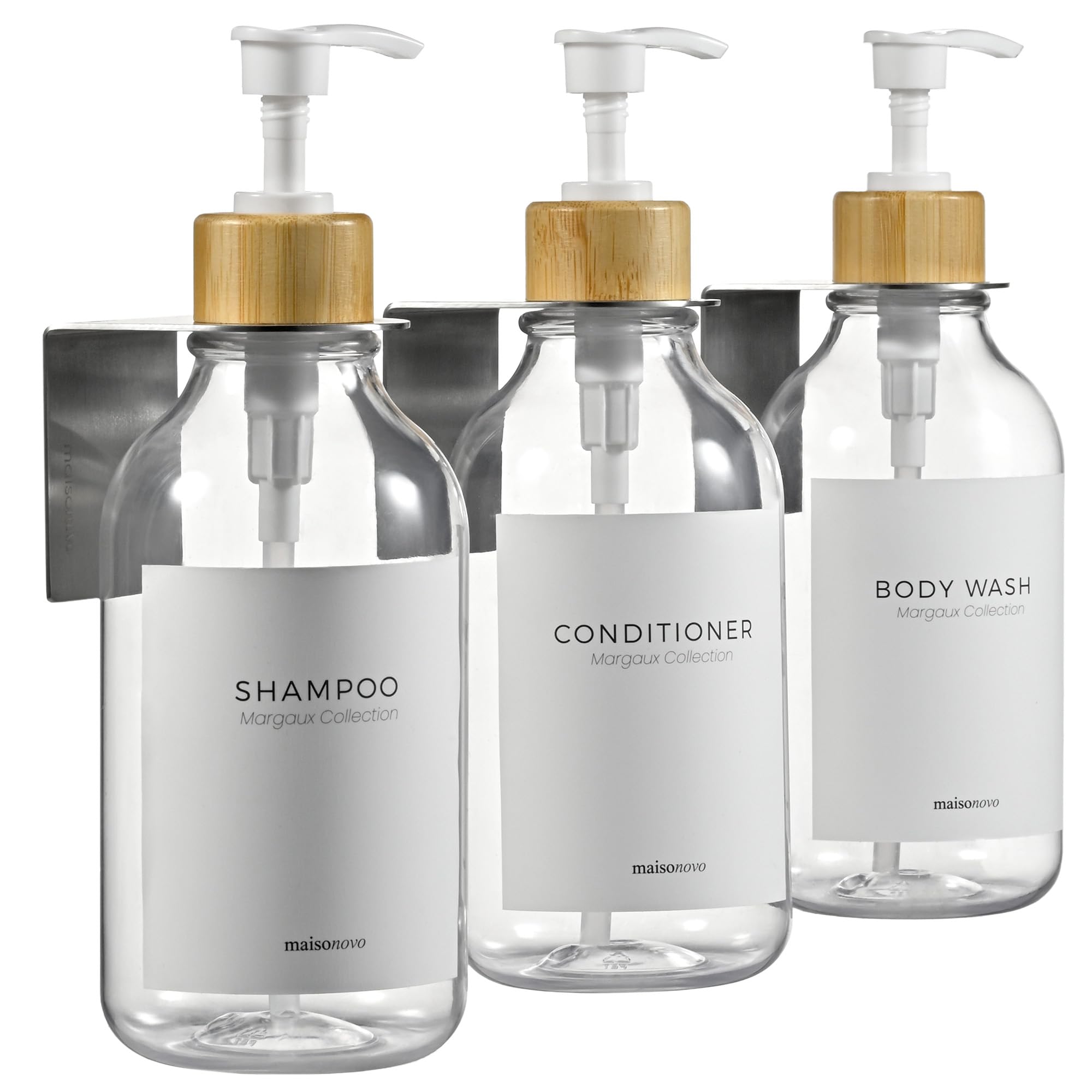 MaisoNovo Shampoo and Conditioner Dispenser - Shower Soap Dispenser Wall Mounted - 16.9 fl oz Set of 3 Clear Plastic Bottles Whi