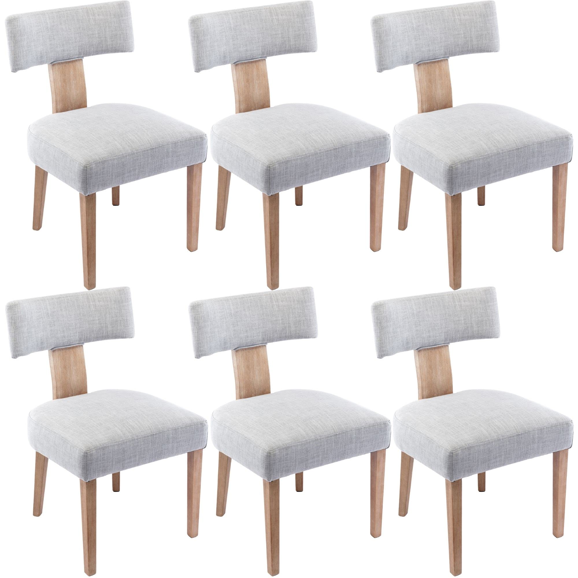 Hny Set Of 6 Mid Century Modern Dining Chairs, Farmhouse Linen Fabric Upholstered Accent Chair Curved Backrest Kitchen Chairs, W