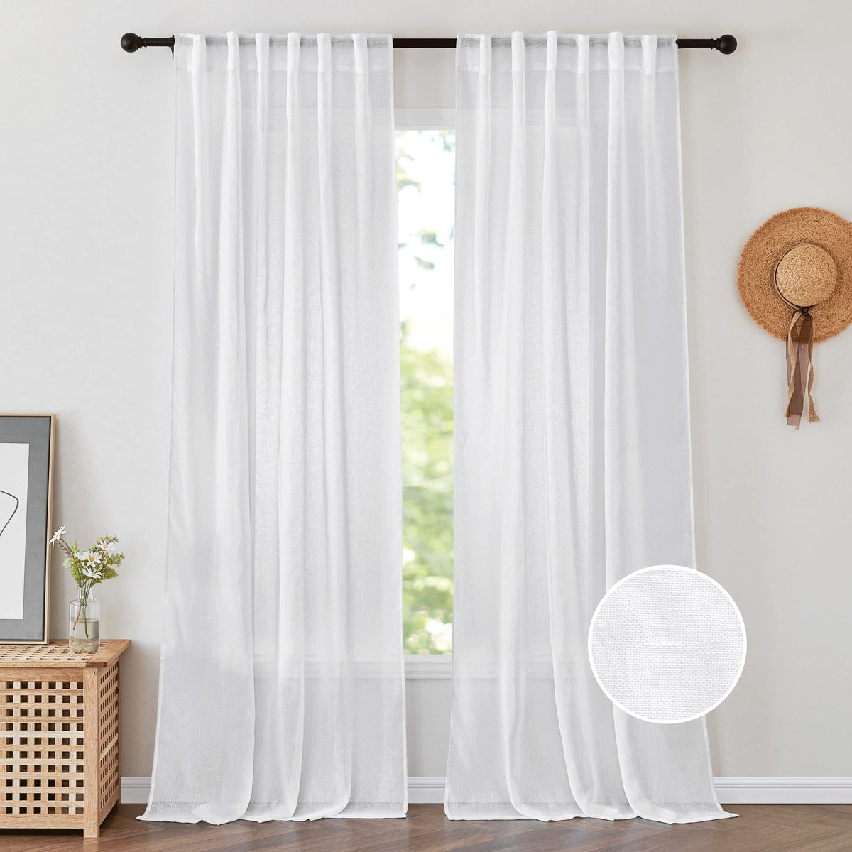Pony Dance White Sheer Curtains 90 Inches Long - Natural Flax Blended Sheer Drapes For Living Room, Window Treatments Panels For