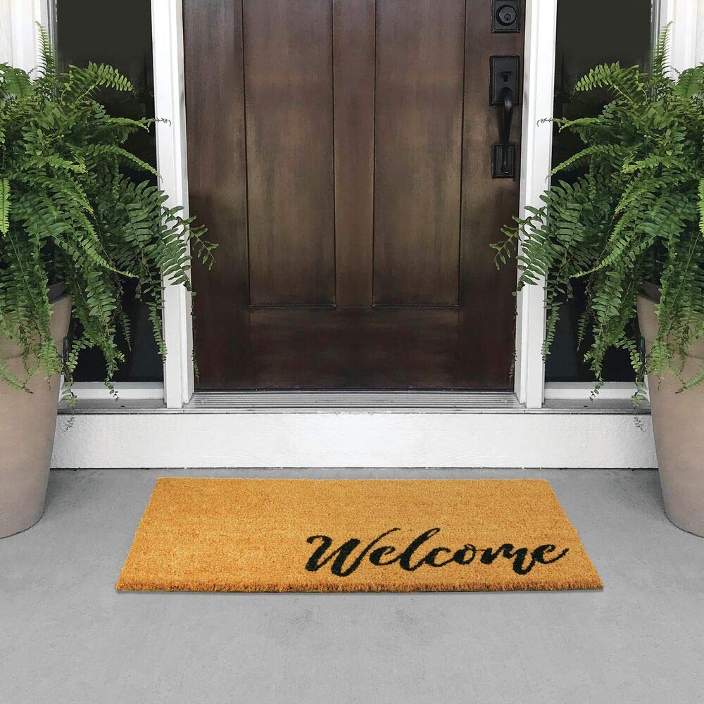Mdesign Non-Slip Rectangular Coir And Rubber Entryway Welcome Doormat With Natural Fibers For Indoor Or Outdoor Use - Decorative Script Design - Natural/Black Letters