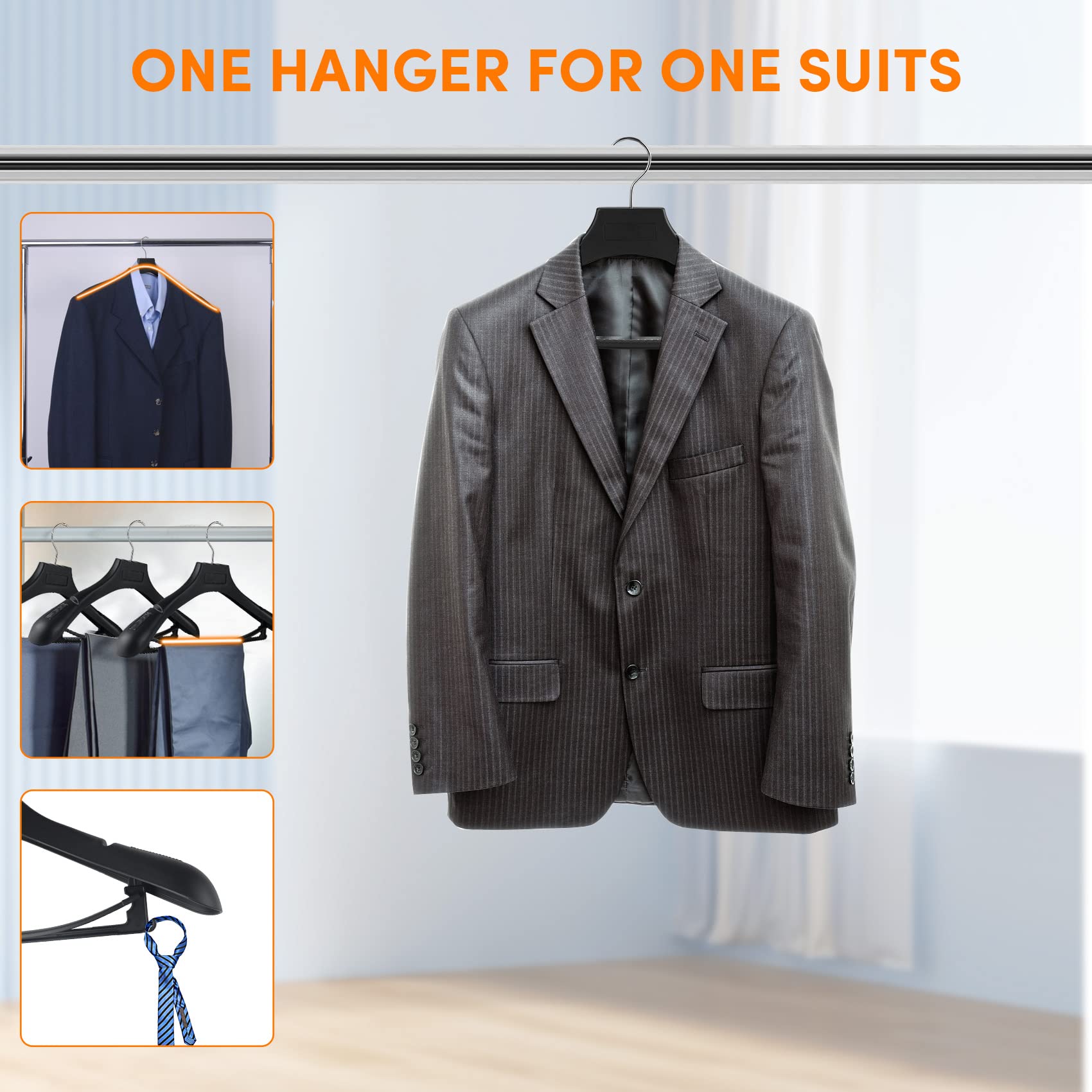Dedu Suit Hangers For Men 20 Pack, Extra Wide Hangers Non Slip Width 17.7'', Black Coat Hangers Thick Plastic With Pants Bar 360