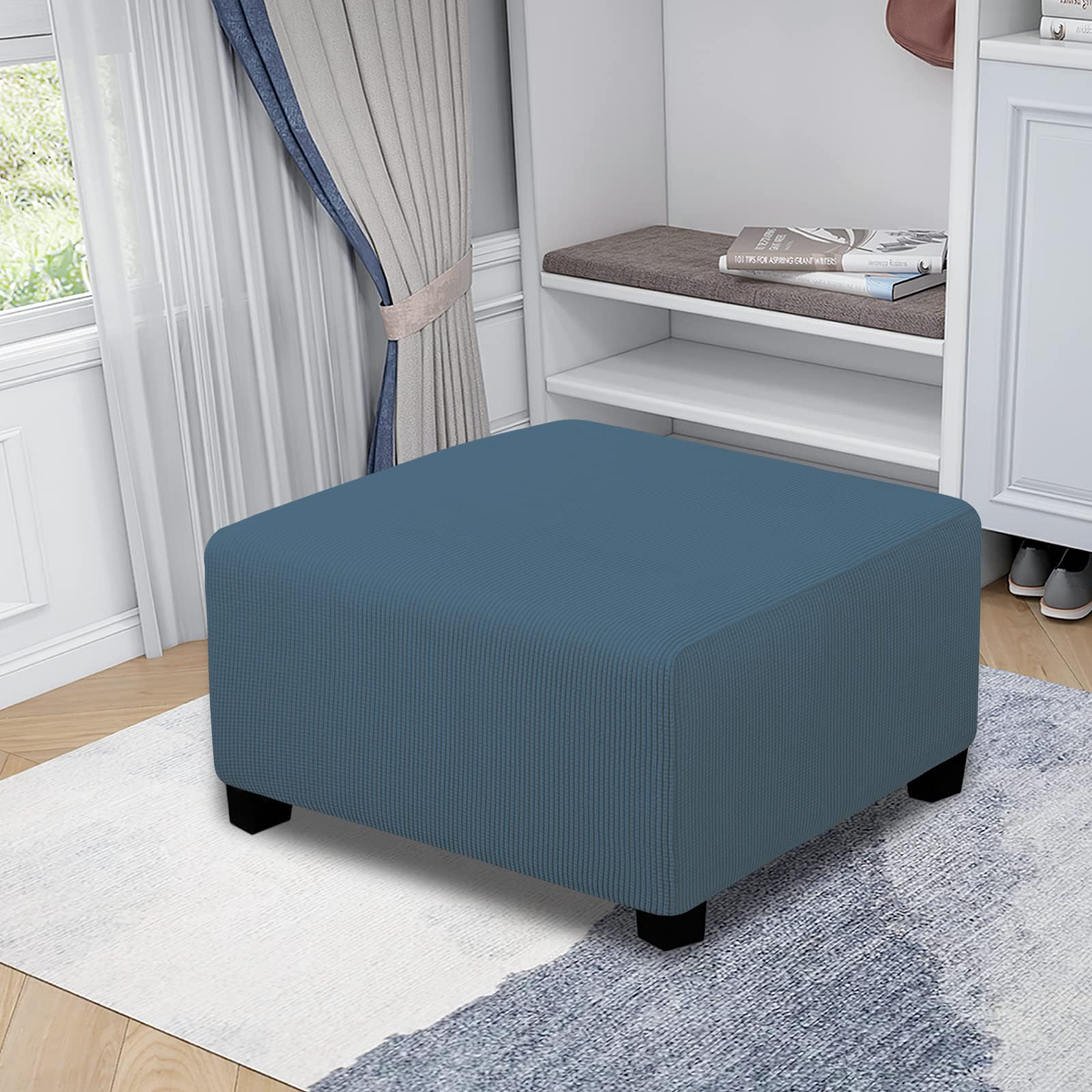 Easy-Going Stretch Ottoman Cover Folding Storage Stool Furniture Protector Soft Rectangle Slipcover With Elastic Bottom (Medium,Bluestone)