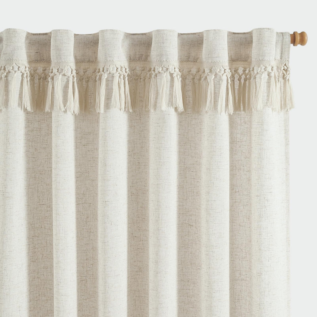 Jinchan Linen Blend Curtains With Tassels, Curtains For Living Room 63 Inches Long, Boho Curtains, Rod Pocket Back Tab Flax Farmhouse Curtains For Bedroom Light Filtering Window Curtain Set 2 Panels