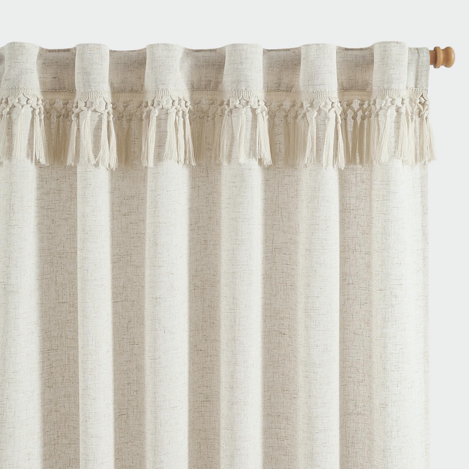 Jinchan Linen Blend Curtains With Tassels, Curtains For Living Room 63 Inches Long, Boho Curtains, Rod Pocket Back Tab Flax Farmhouse Curtains For Bedroom Light Filtering Window Curtain Set 2 Panels