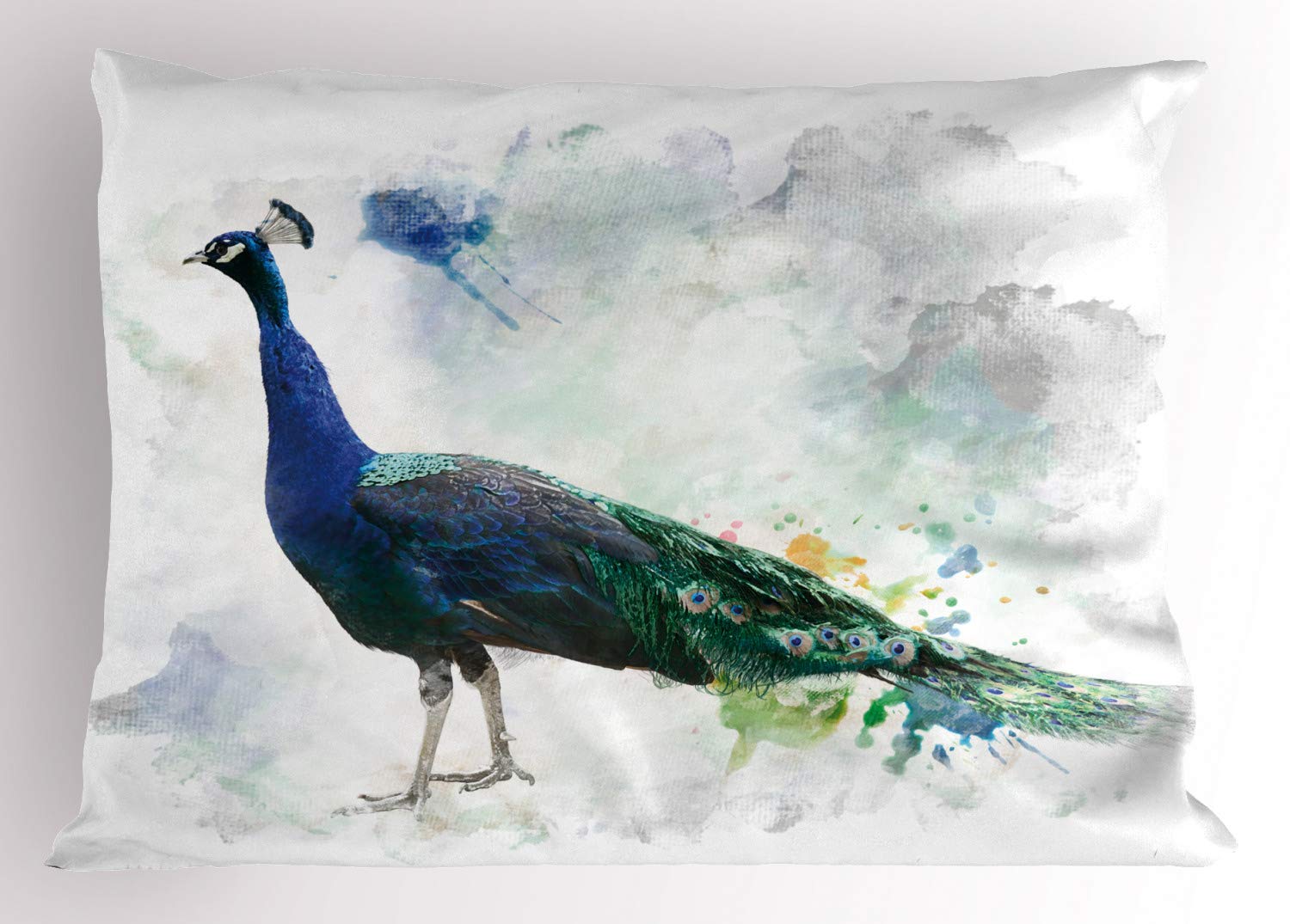Lunarable Animal Pillow Sham, Digital Watercolor Of Peacock With Colorful Feathers Bird, Decorative Standard King Size Printed P