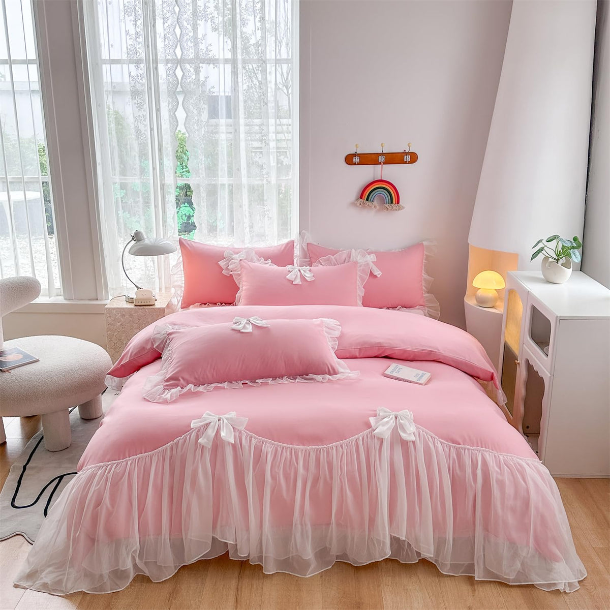 Girls Lace Bedding,Full Comforter Cover Set, Chic Ruffled Duvet Cover With Lovely Bow,Princess Style 1 Duvet Cover With 2 Pillow