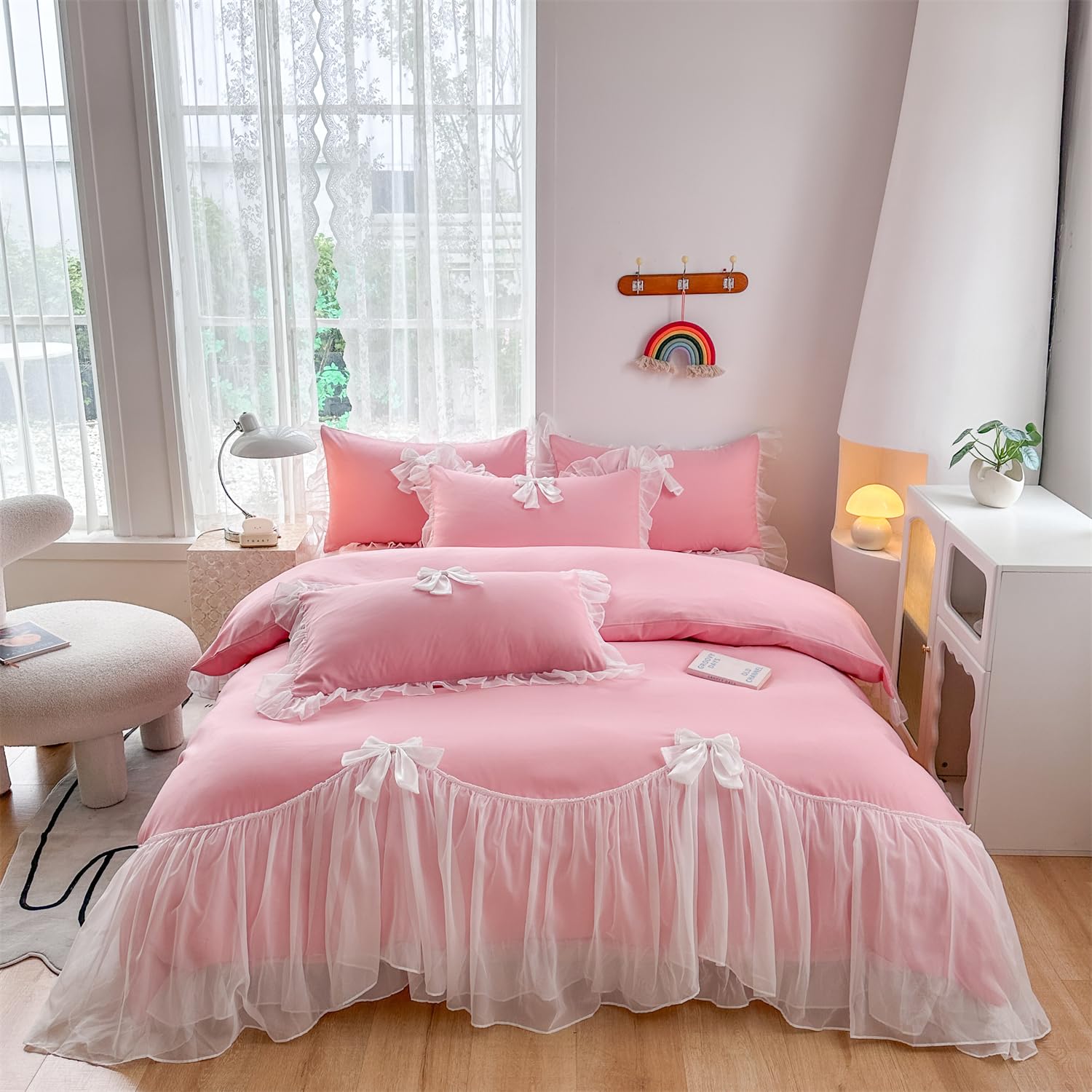 Girls Lace Bedding,Full Comforter Cover Set, Chic Ruffled Duvet Cover With Lovely Bow,Princess Style 1 Duvet Cover With 2 Pillow