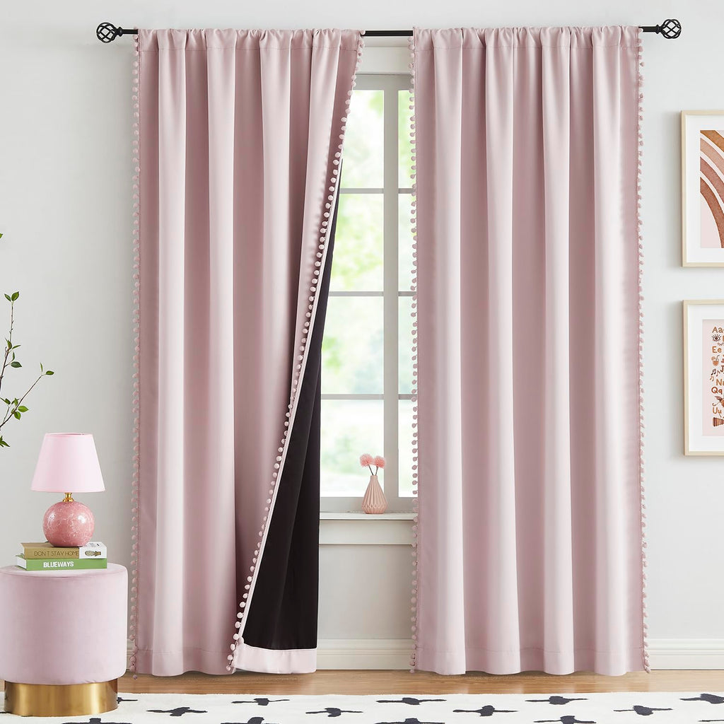 Pink Blackout-Curtains For Bedroom Pom Pom Thermal Insulated 100% Full Blackout Curtain Panels For Girls Baby Nursery Room 90 In