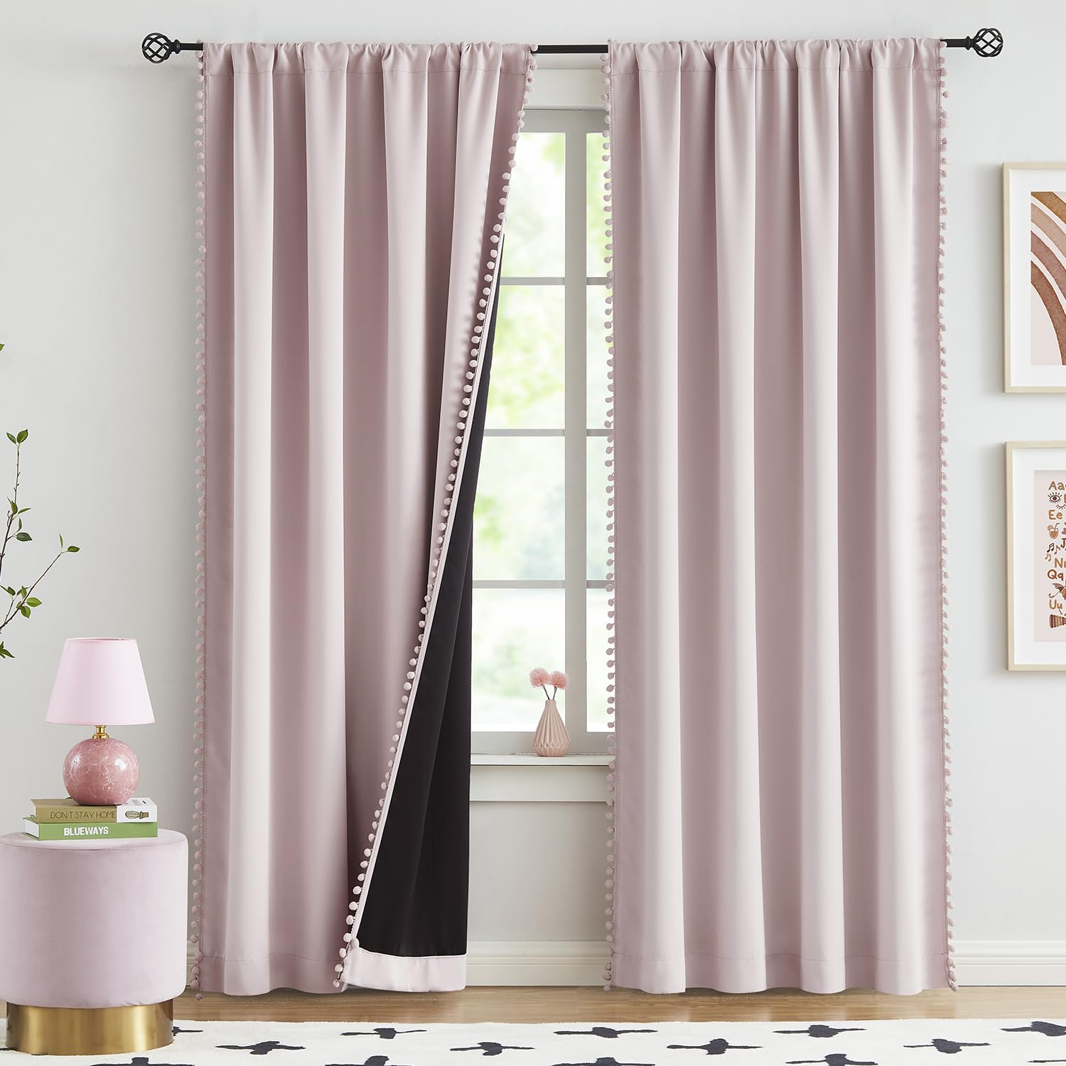 Pink Blackout-Curtains For Bedroom Pom Pom Thermal Insulated 100% Full Blackout Curtain Panels For Girls Baby Nursery Room 90 In